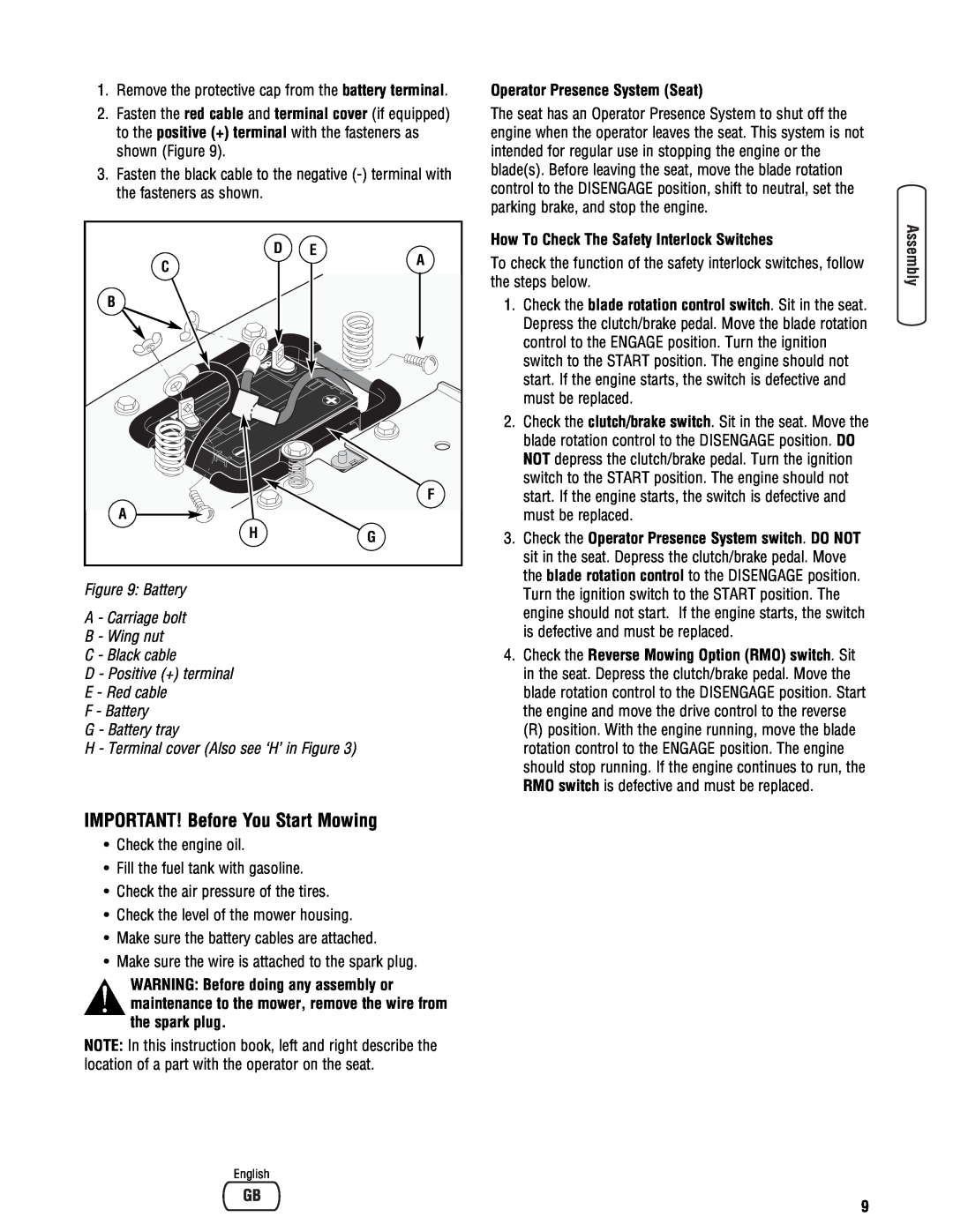 Snapper specifications IMPORTANT! Before You Start Mowing, Battery A - Carriage bolt B - Wing nut 