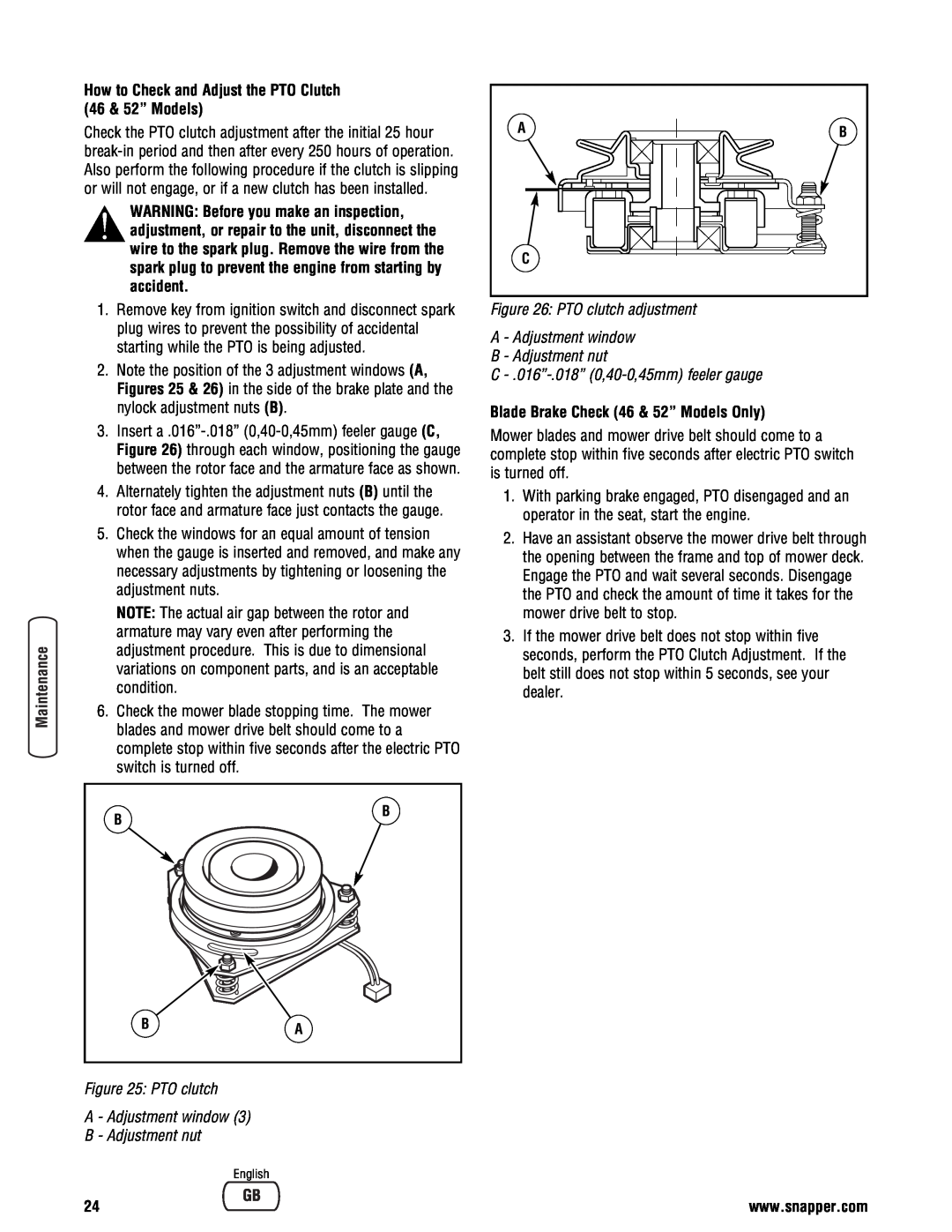 Snapper PTO clutch adjustment, A - Adjustment window B - Adjustment nut, C - .016”-.018” 0,40-0,45mmfeeler gauge 