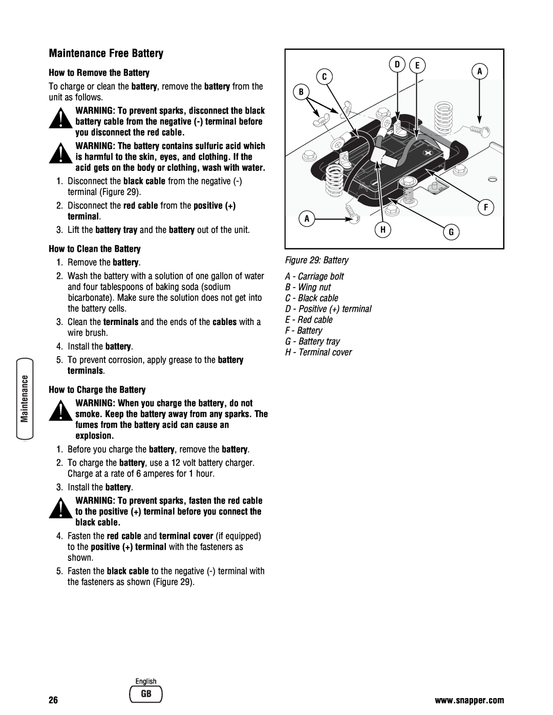 Snapper How to Remove the Battery, Battery A - Carriage bolt B - Wing nut, C - Black cable D - Positive + terminal 