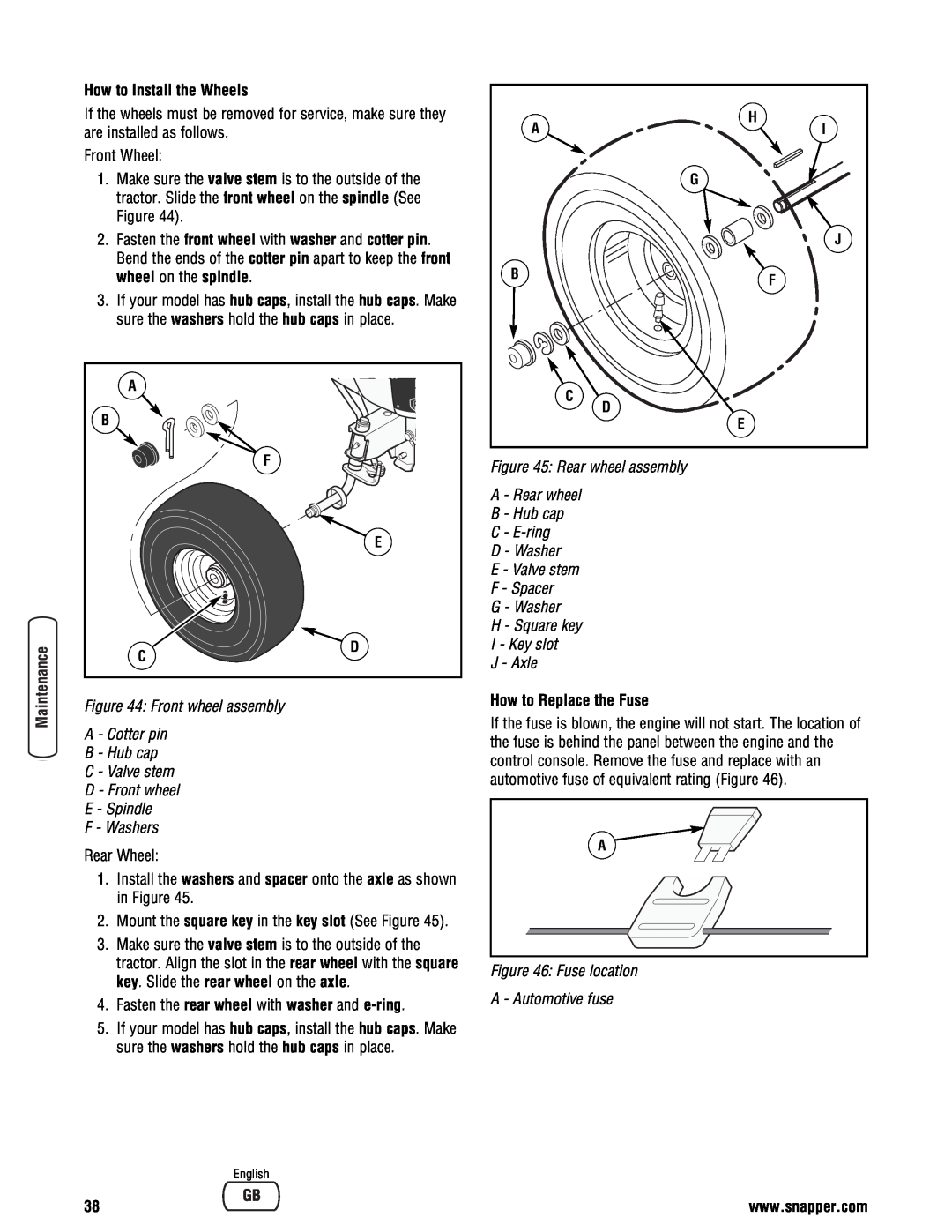 Snapper specifications Rear wheel assembly, A - Rear wheel B - Hub cap C - E-ring D - Washer, G - Washer, J - Axle 