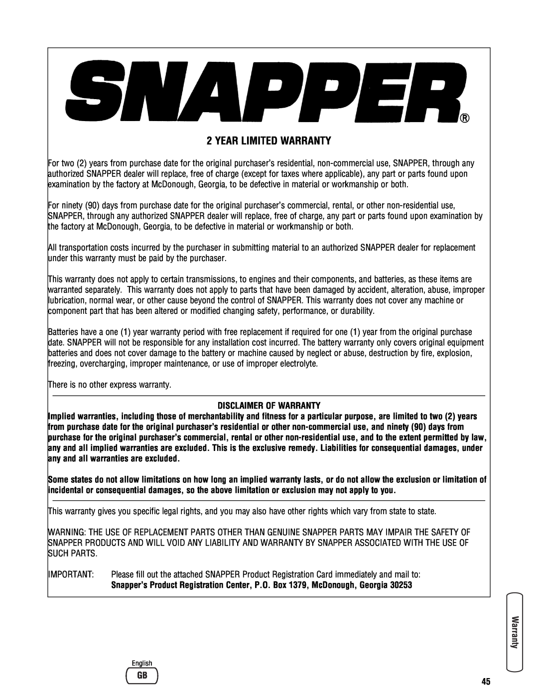 Snapper specifications Year Limited Warranty, Disclaimer Of Warranty 