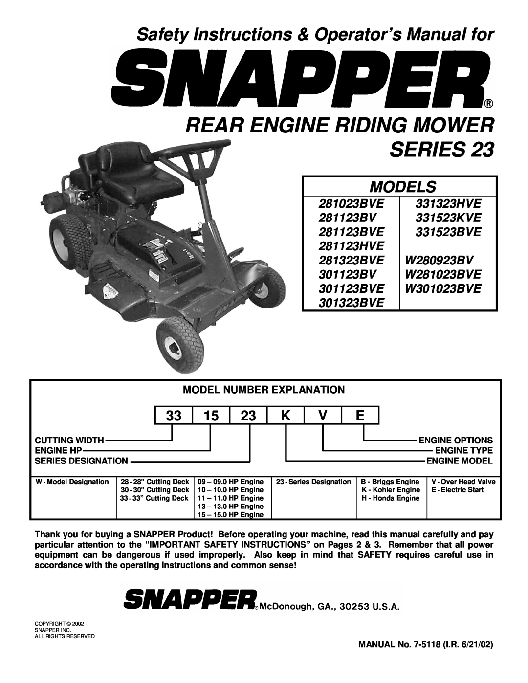Snapper important safety instructions Safety Instructions & Operator’s Manual for, Rear Engine Riding Mower Series, Models 