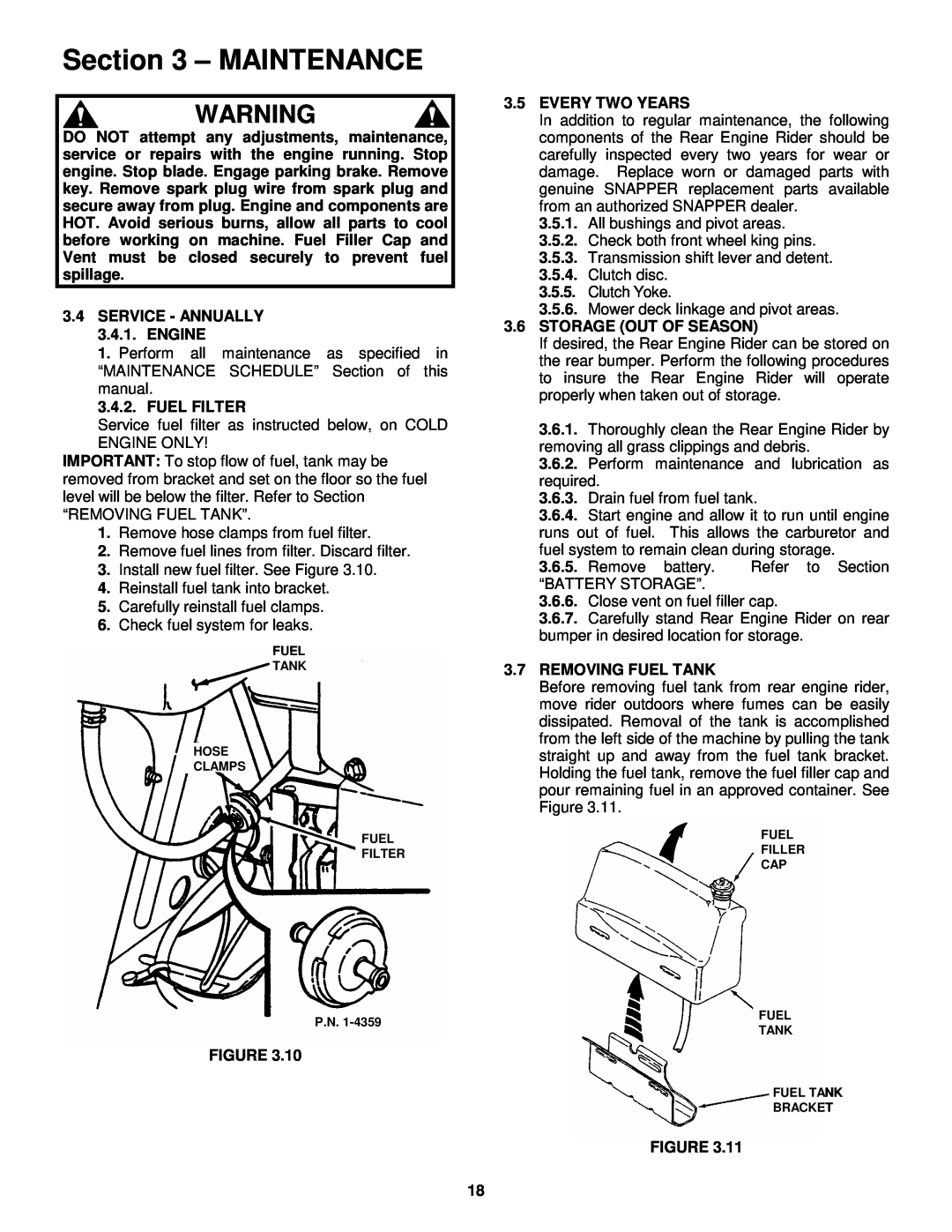 Snapper important safety instructions Maintenance, Service fuel filter as instructed below, on COLD ENGINE ONLY 
