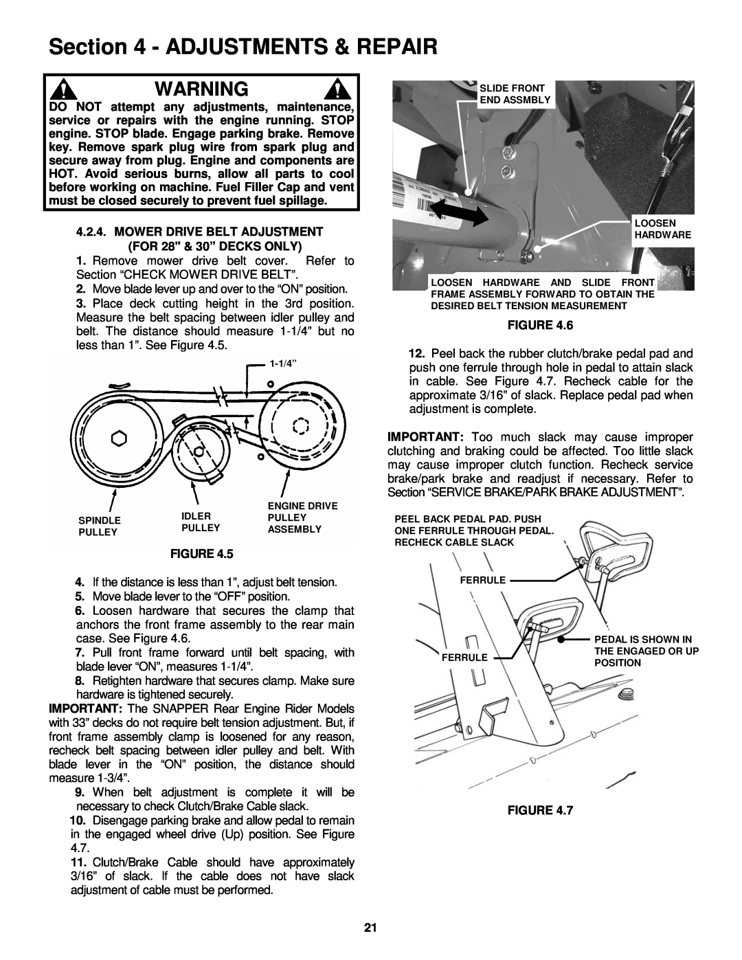Snapper important safety instructions Adjustments & Repair, Move blade lever up and over to the “ON” position 