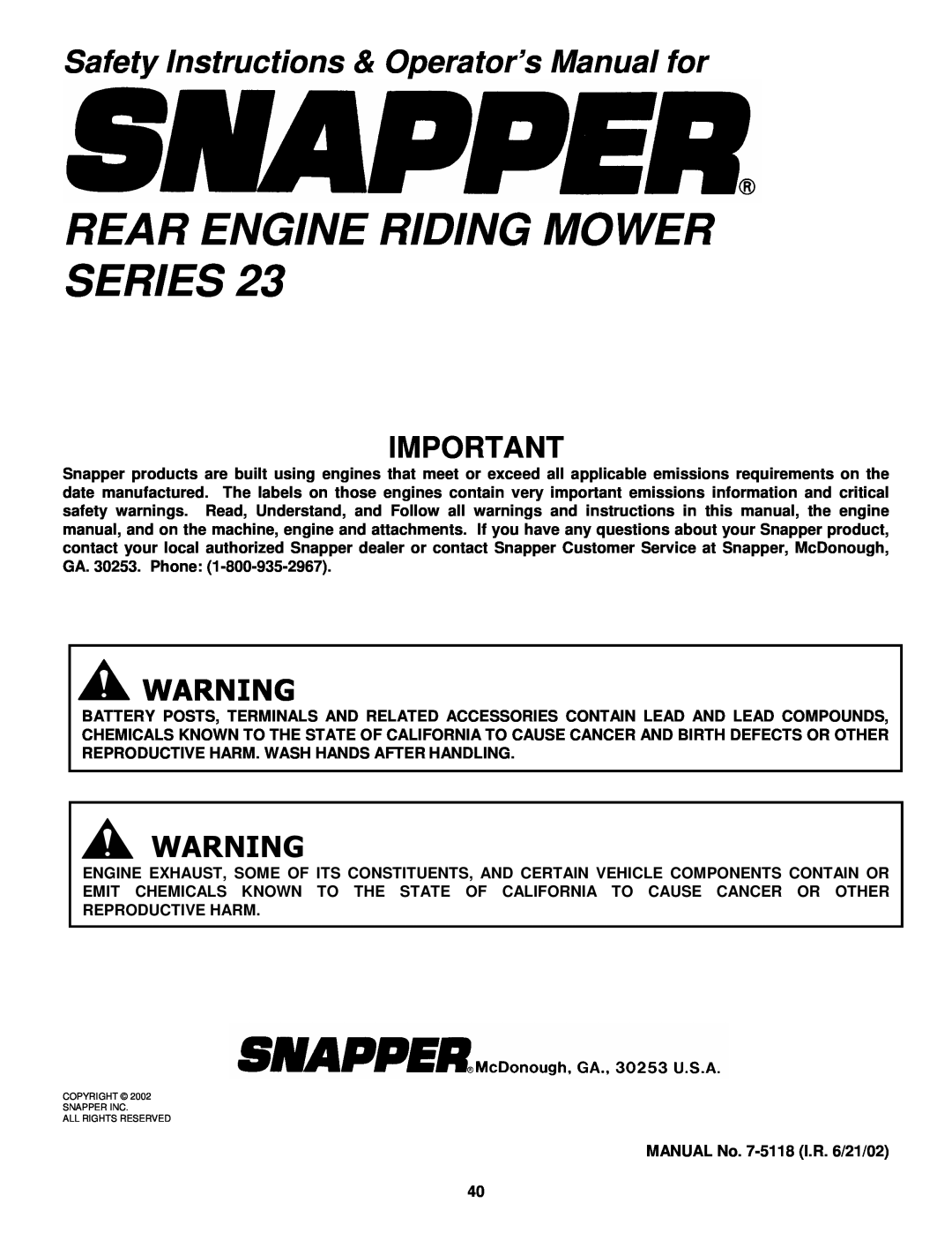 Snapper important safety instructions Rear Engine Riding Mower Series, Safety Instructions & Operator’s Manual for 