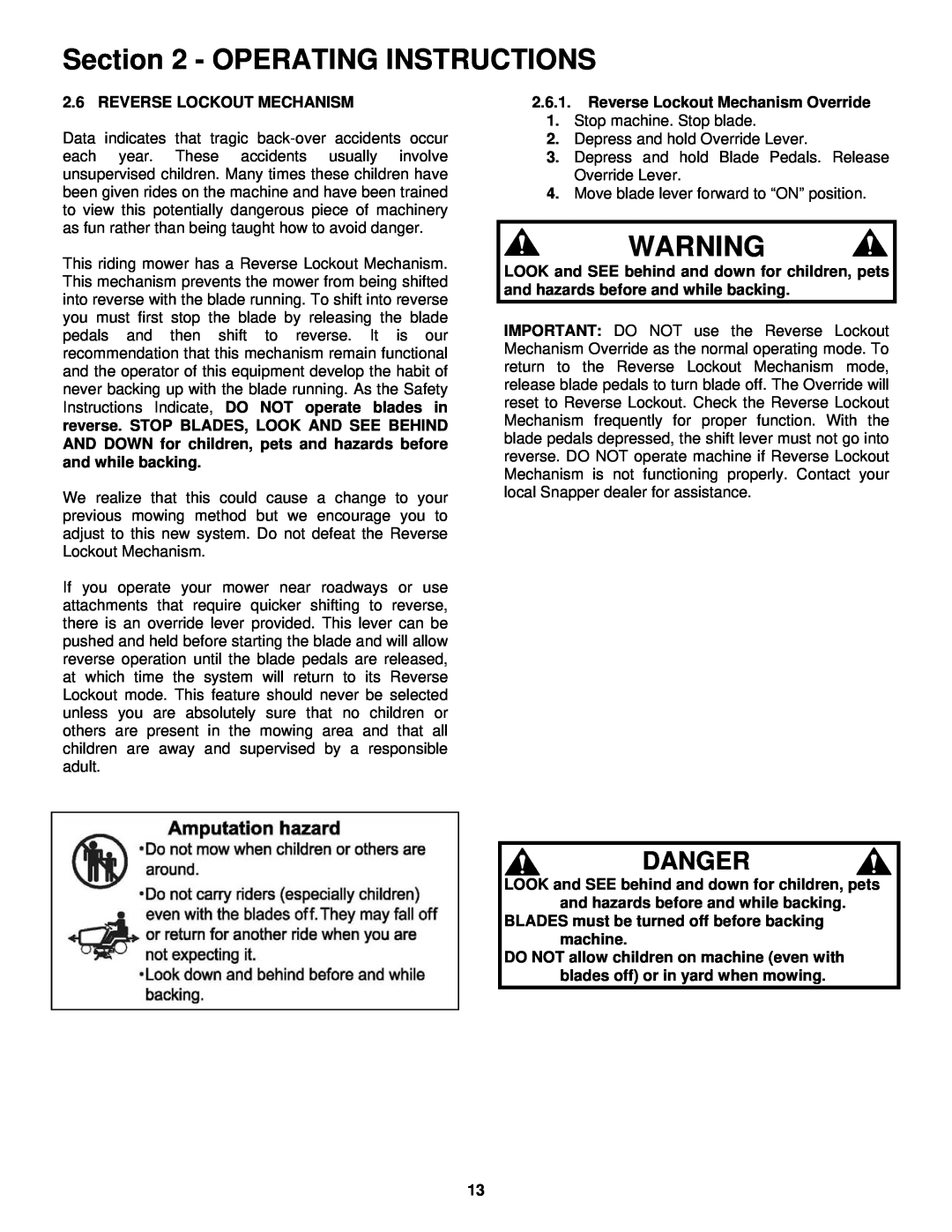 Snapper important safety instructions Danger, Operating Instructions 