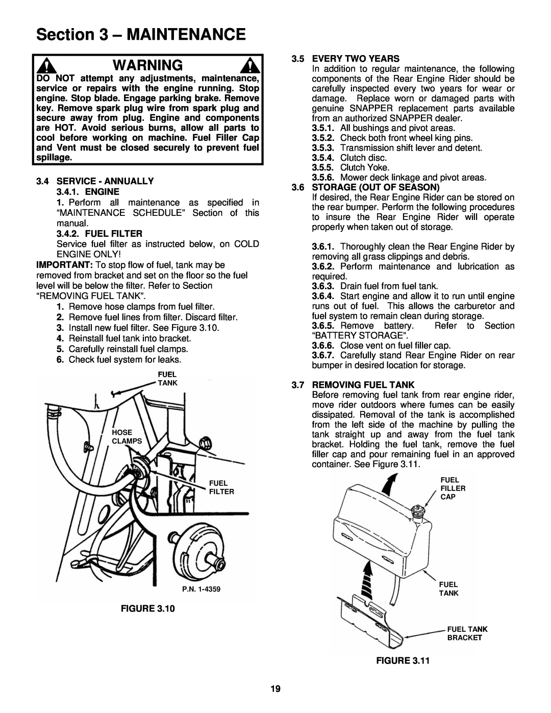 Snapper important safety instructions Maintenance, Service fuel filter as instructed below, on COLD ENGINE ONLY 