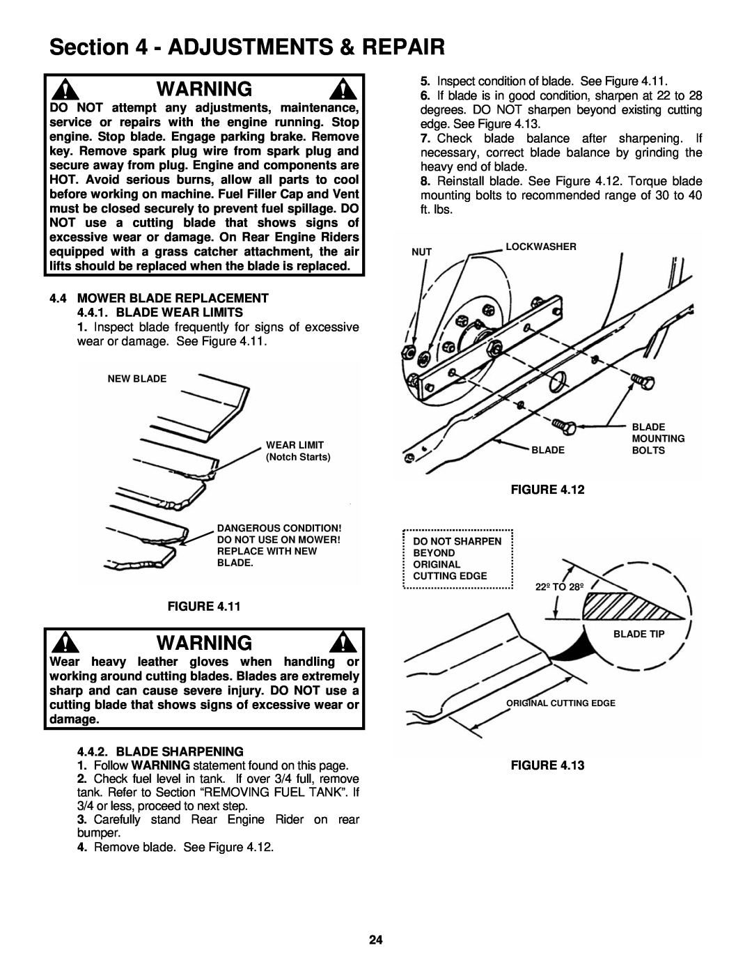 Snapper important safety instructions Adjustments & Repair, MOWER BLADE REPLACEMENT 4.4.1. BLADE WEAR LIMITS 