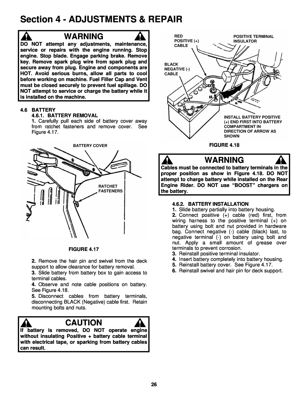 Snapper important safety instructions Adjustments & Repair, BATTERY 4.6.1. BATTERY REMOVAL 