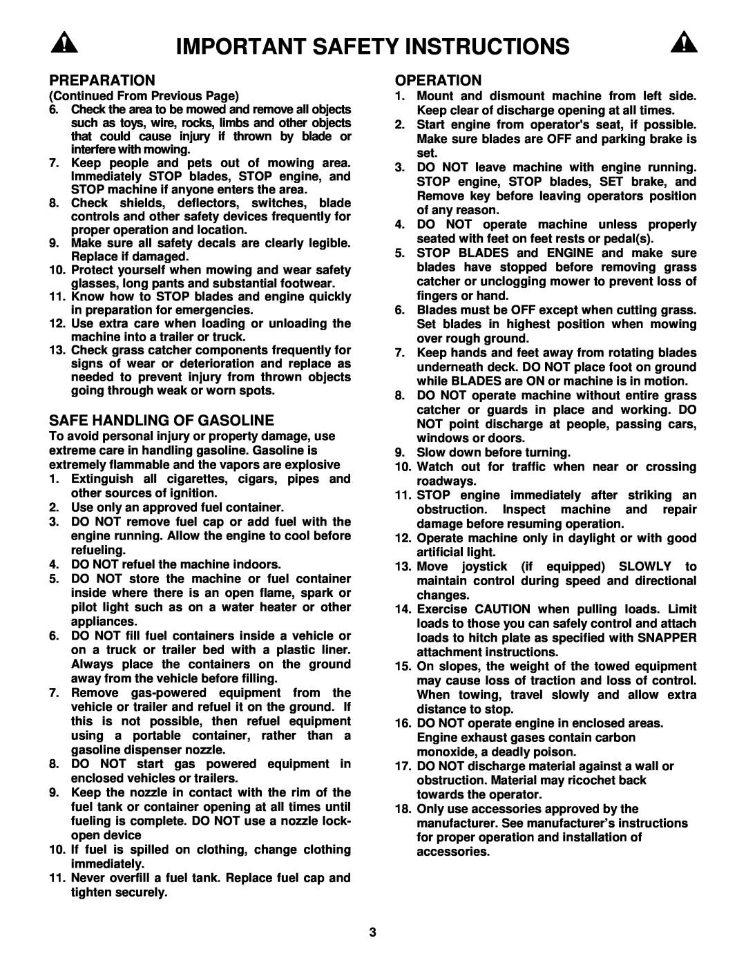 Snapper Important Safety Instructions, Preparation, Safe Handling Of Gasoline, Operation, Continued From Previous Page 