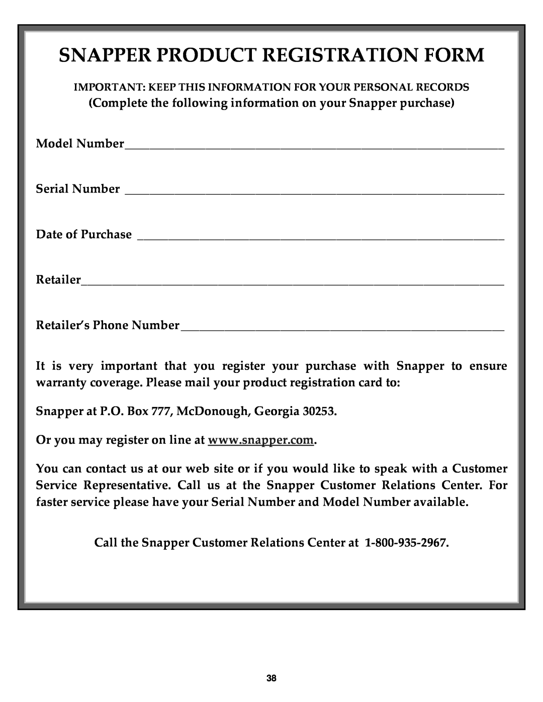 Snapper important safety instructions Snapper Product Registration Form 