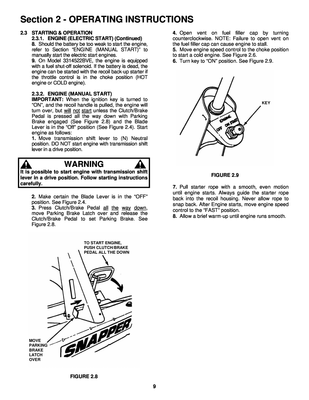 Snapper important safety instructions Operating Instructions, Starting & Operation, Engine Manual Start 