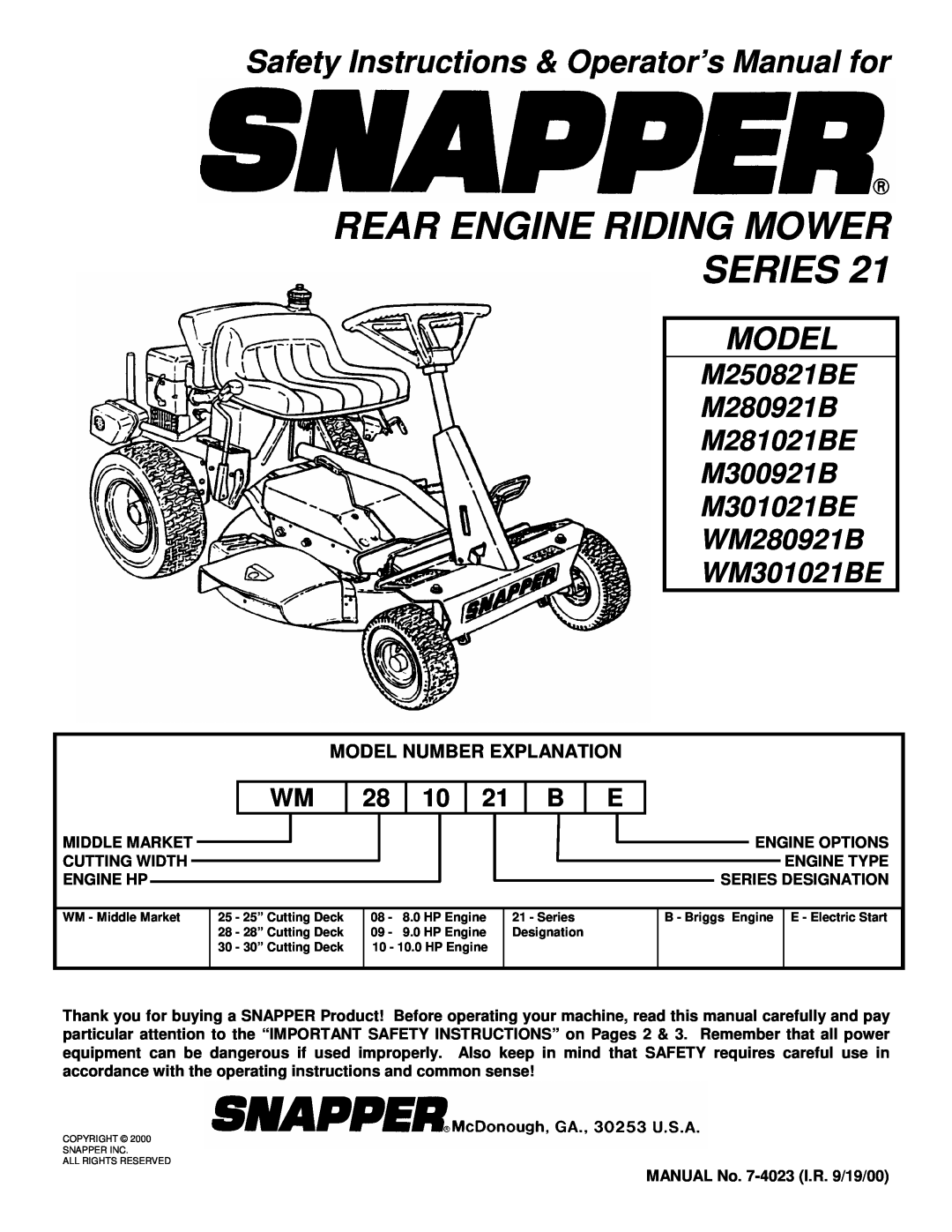 Snapper WM301021BE, M250821BE, M280921B, M281021BE, M300921B, M301021BE, WM280921B important safety instructions Model 