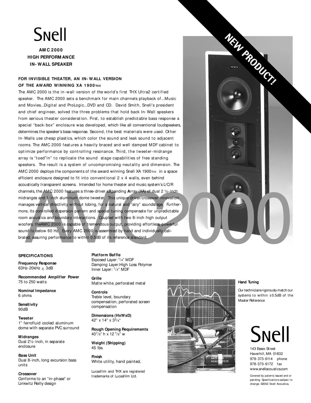 Snell Acoustics AMC 2000 specifications High Performance IN-WALL Speaker, Specifications 