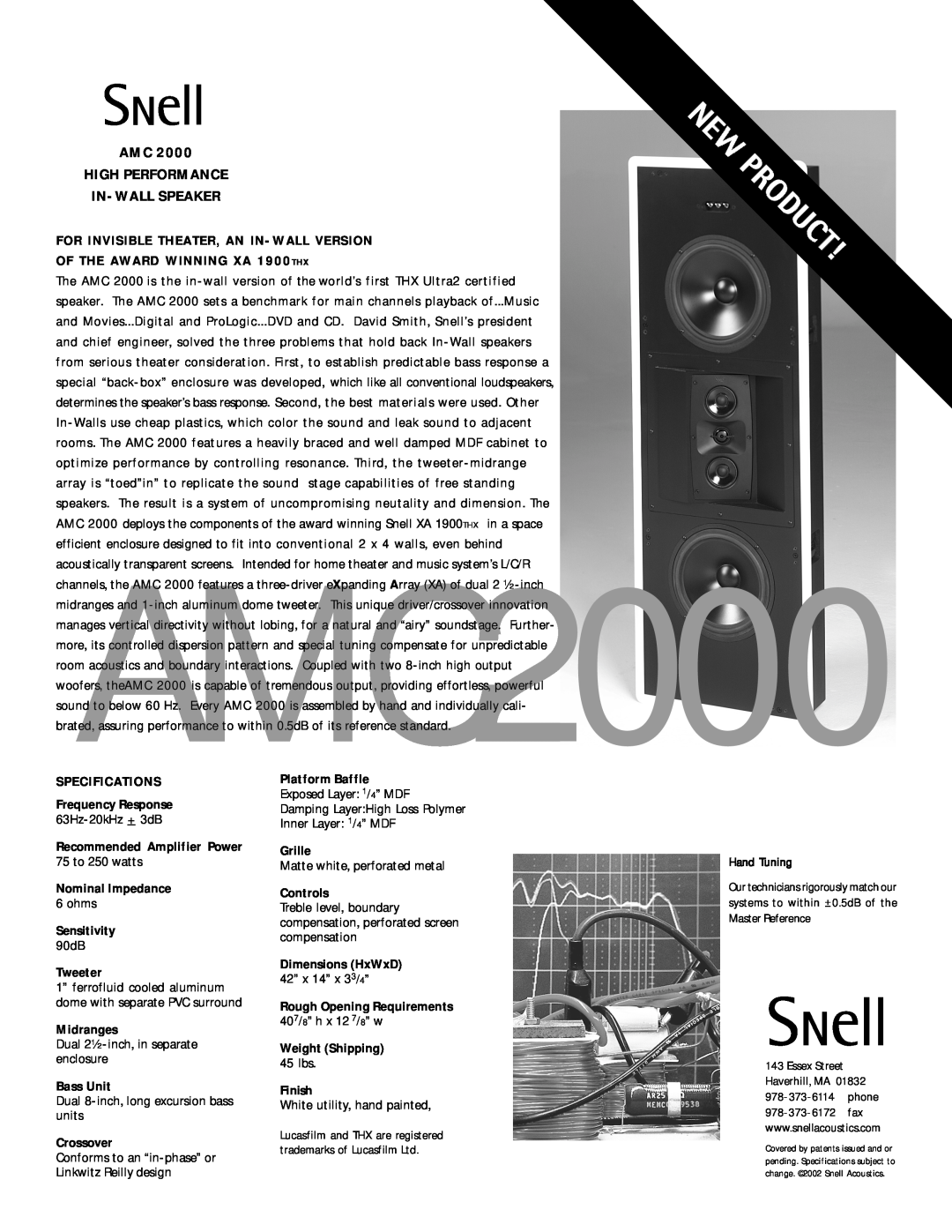 Snell Acoustics AMC 2000 specifications Amc High Performance In-Wallspeaker 