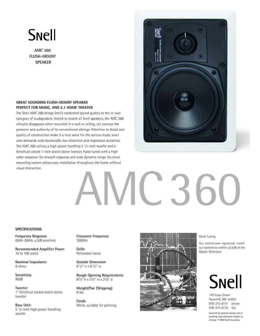 Snell Acoustics AMC 360 specifications Amc, FLUSH-MOUNT Speaker, Specifications 