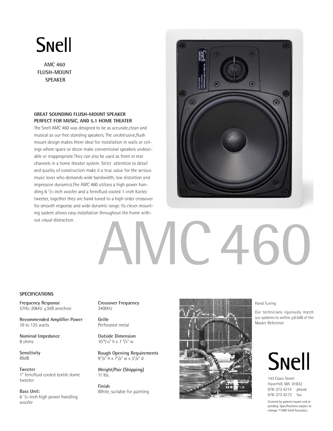 Snell Acoustics AMC 460 specifications FLUSH-MOUNT Speaker, Specifications 