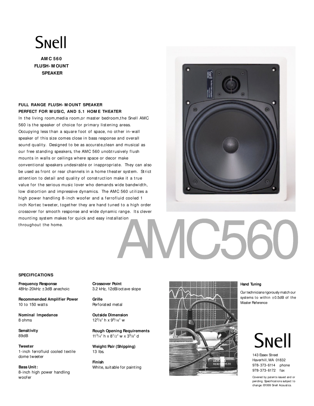 Snell Acoustics AMC 560 specifications FLUSH-MOUNT Speaker, Specifications 