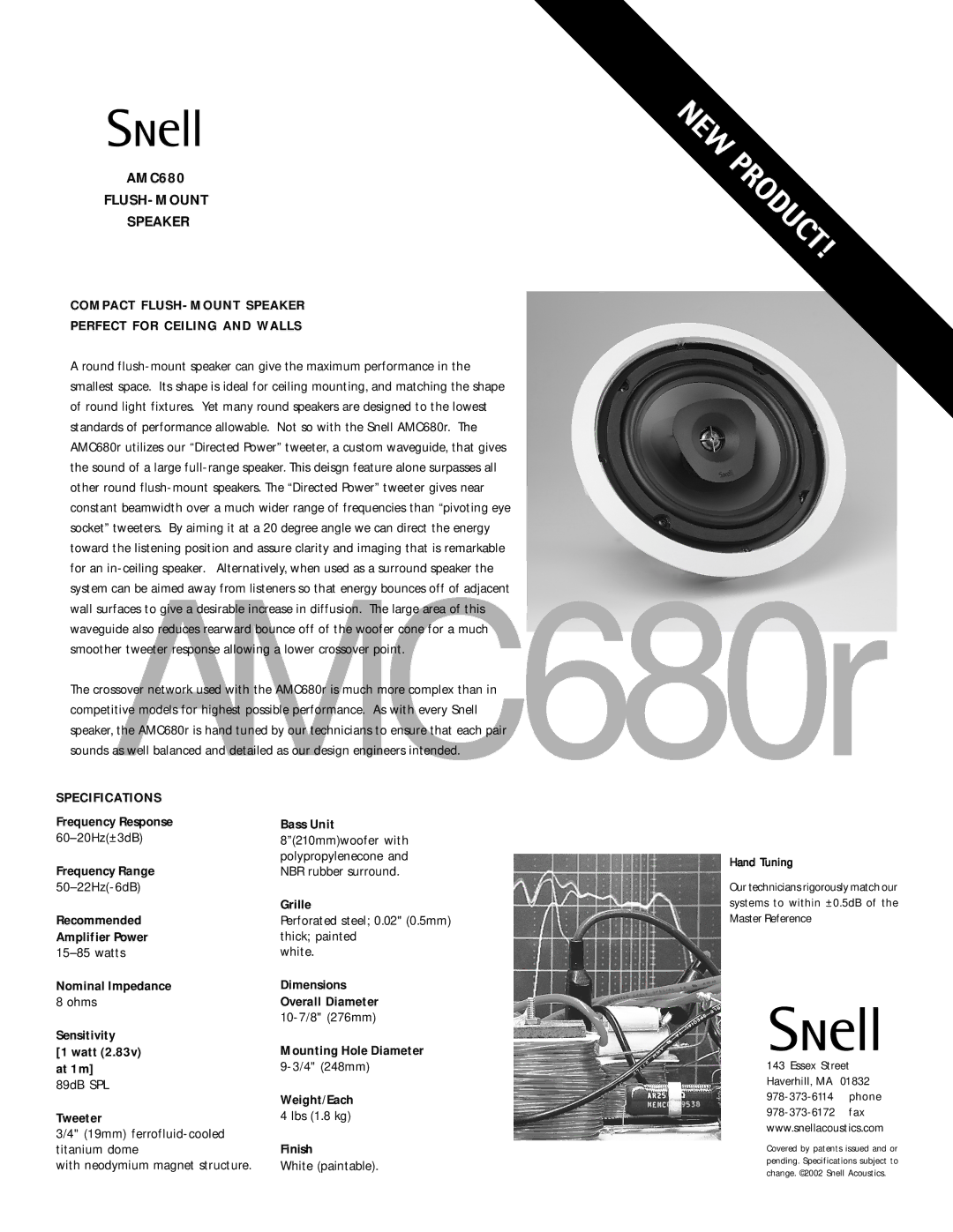 Snell Acoustics AMC 680 specifications Compact FLUSH-MOUNT Speaker Perfect for Ceiling and Walls, Specifications 