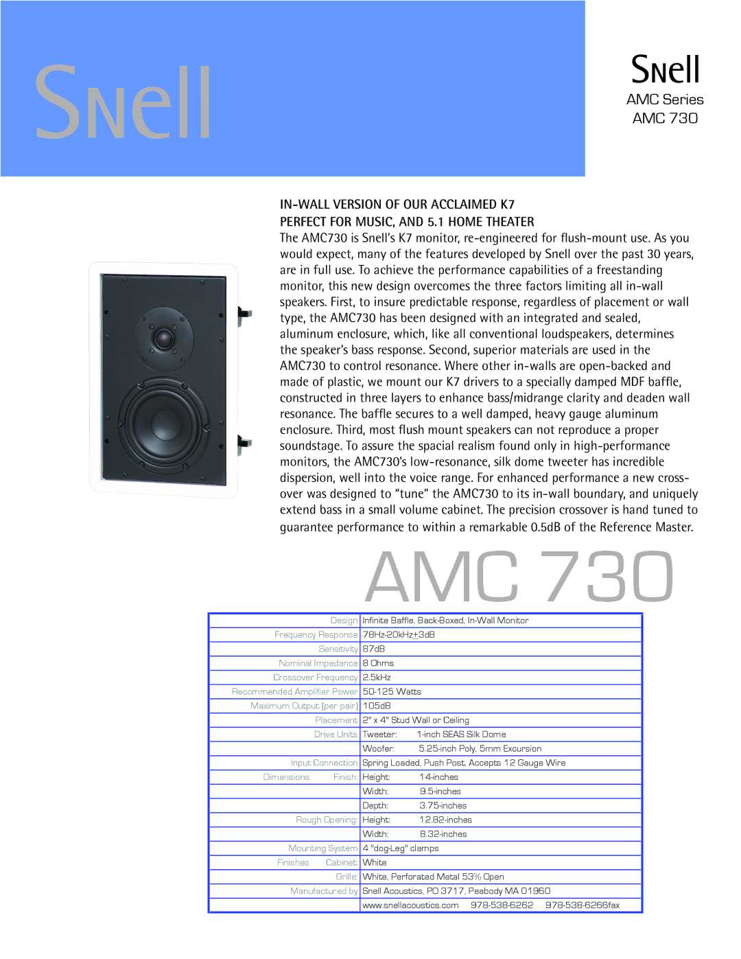 Snell Acoustics AMC 730 dimensions Amc, AMC Series 