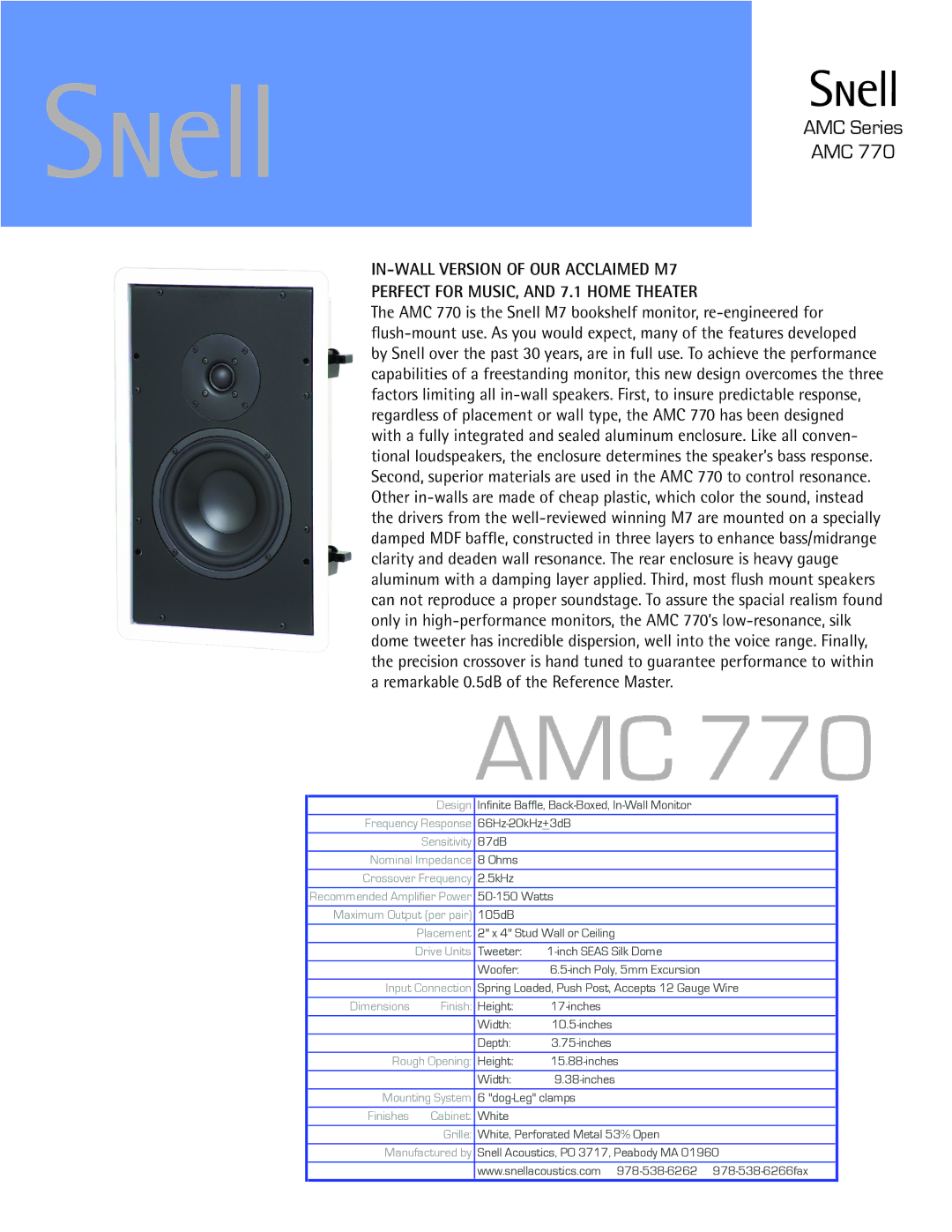 Snell Acoustics AMC 770 dimensions Amc, AMC Series 