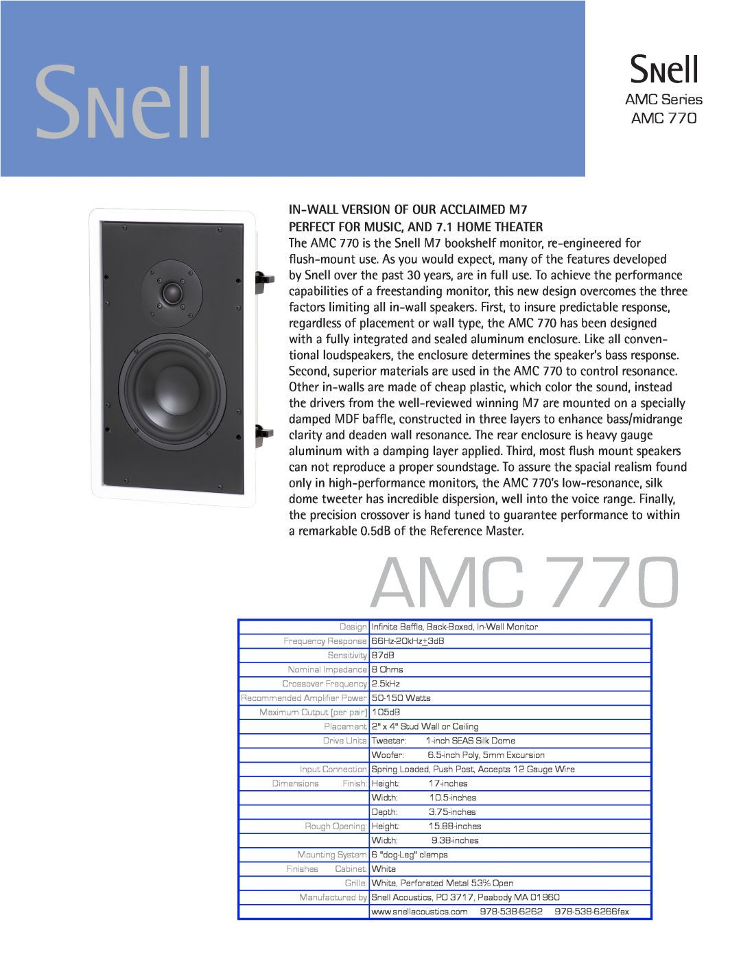 Snell Acoustics AMC 770 dimensions AMC Series AMC, IN-WALLVERSION OF OUR ACCLAIMED M7 