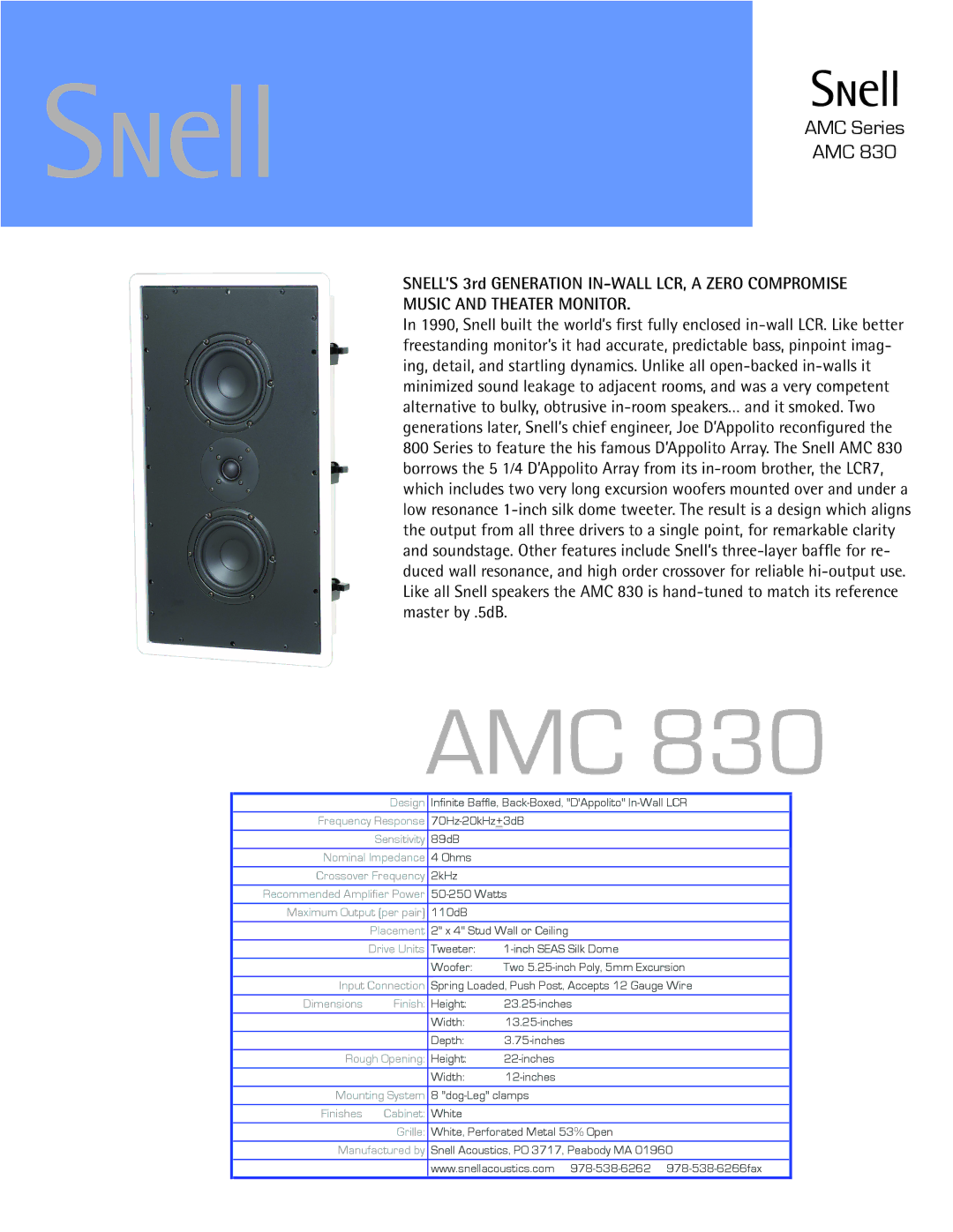 Snell Acoustics AMC 830 dimensions Amc, AMC Series, Music and Theater Monitor 