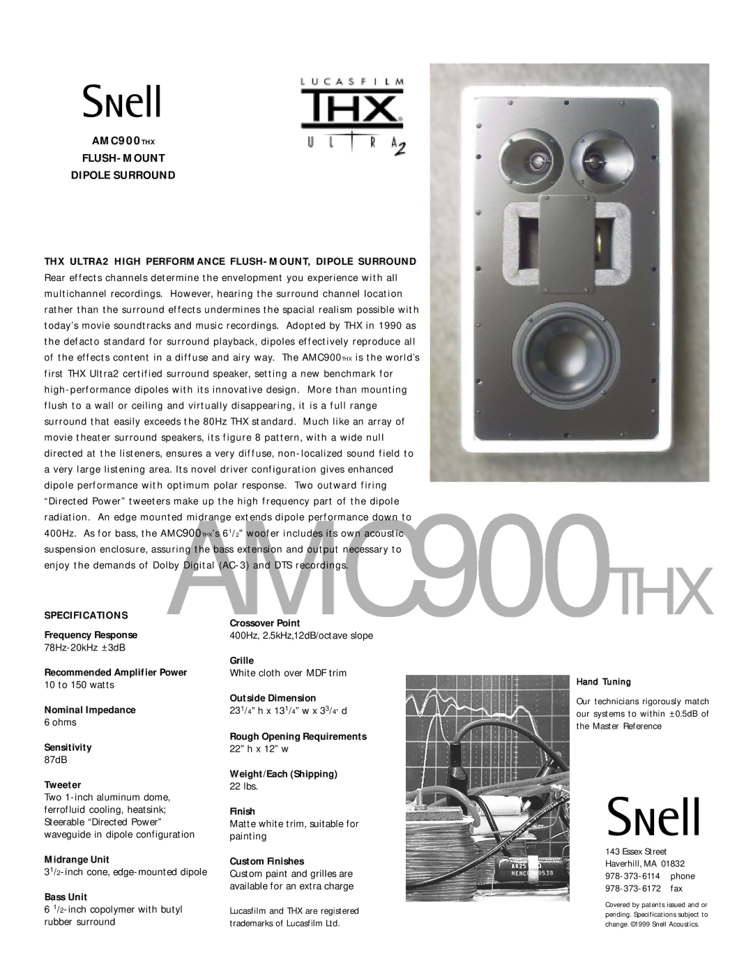 Snell Acoustics AMC 900 THX specifications Thx, AMC900THX FLUSH-MOUNT Dipole Surround, Specifications 