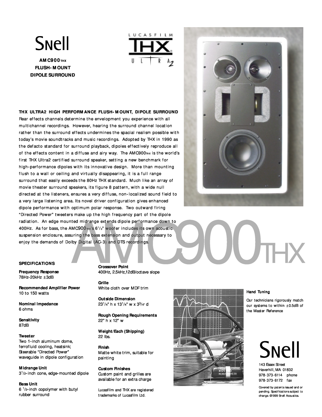 Snell Acoustics AMC 900 THX specifications AMC900THX FLUSH-MOUNT DIPOLE SURROUND 
