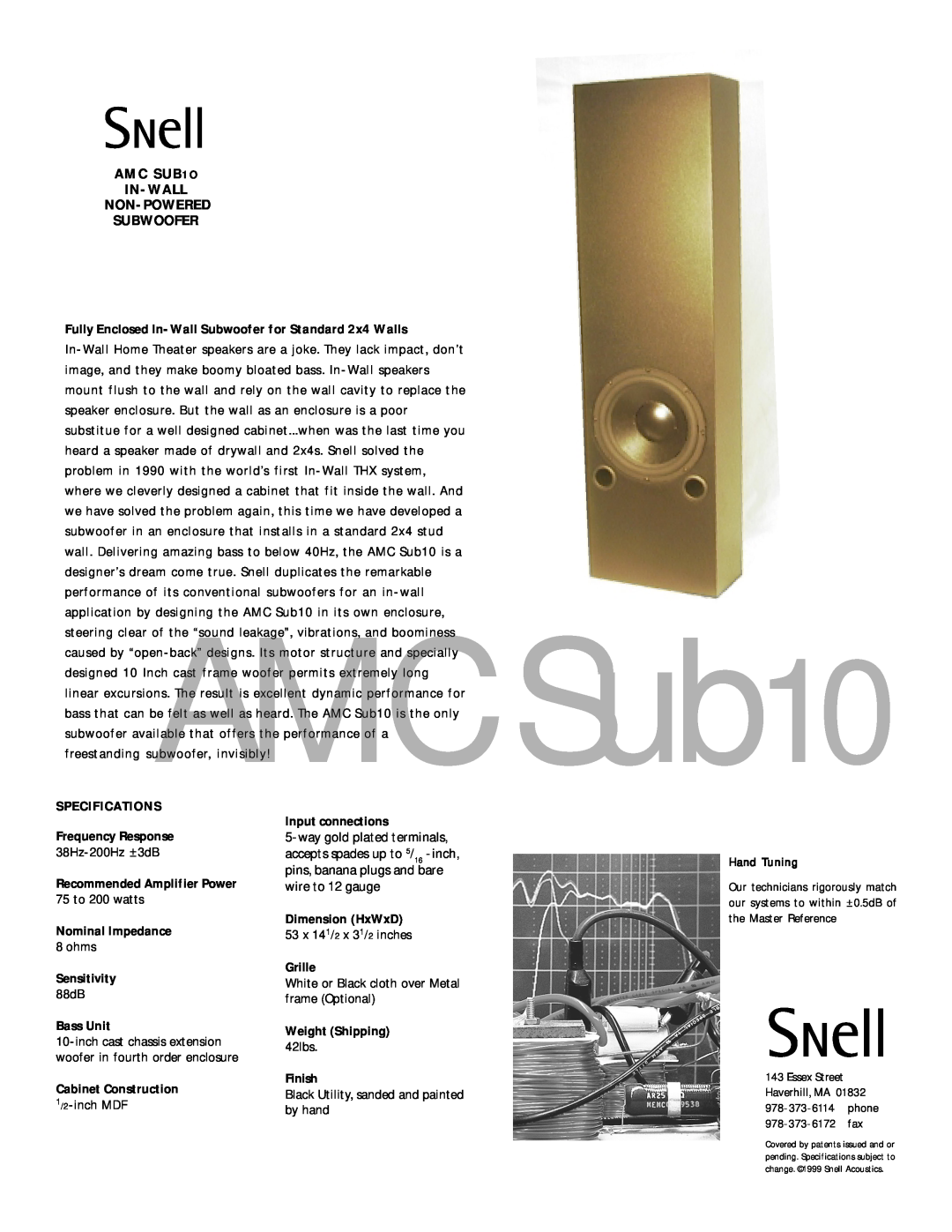 Snell Acoustics AMC Sub 10 specifications Sub10, AMC SUB1O IN-WALL NON-POWERED SUBWOOFER 