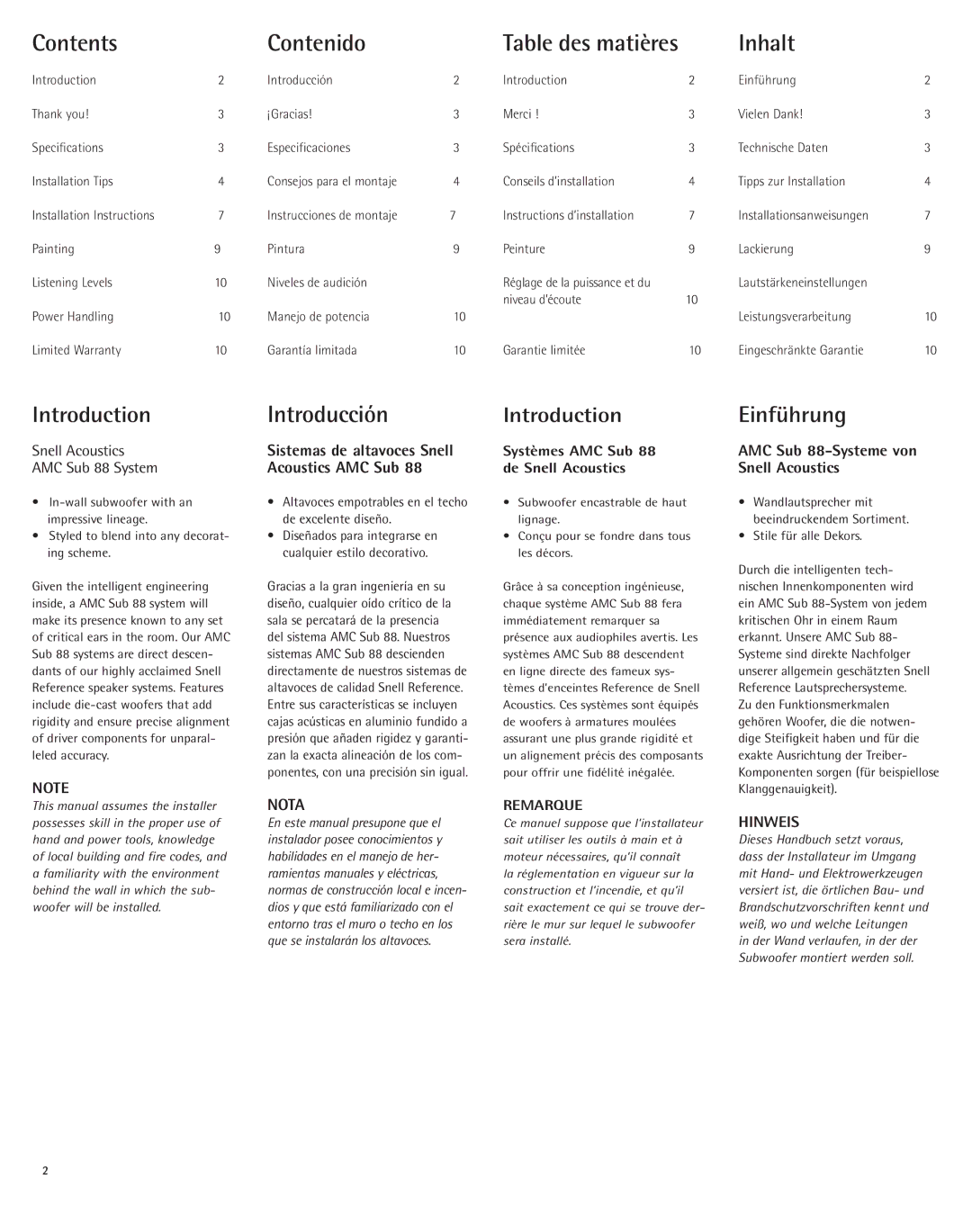 Snell Acoustics owner manual Contents Contenido, Inhalt, Introducción, Nota, AMC Sub 88-Systeme von Snell Acoustics 