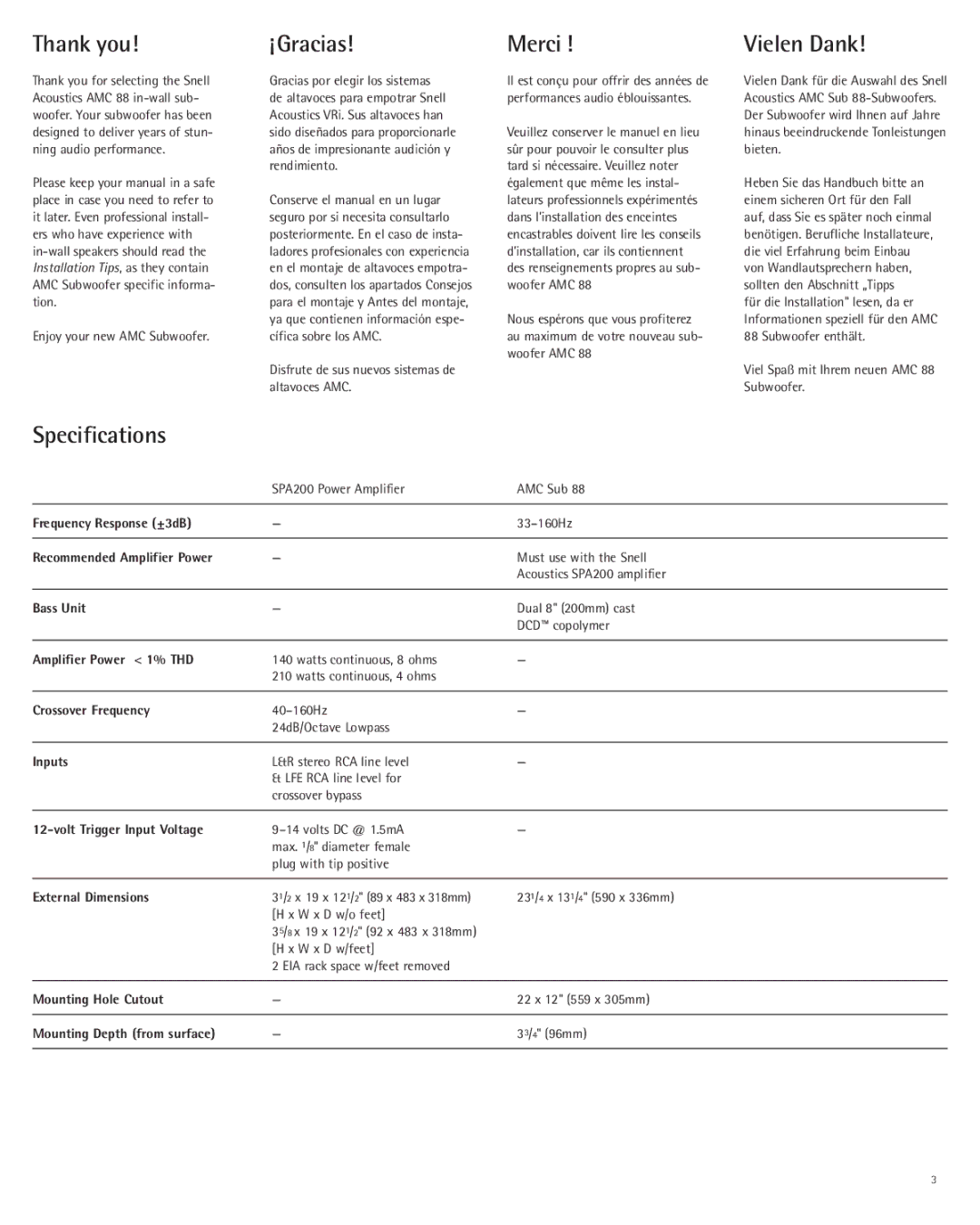 Snell Acoustics AMC Sub 88 owner manual Thank you, ¡Gracias, Merci, Vielen Dank, Specifications 