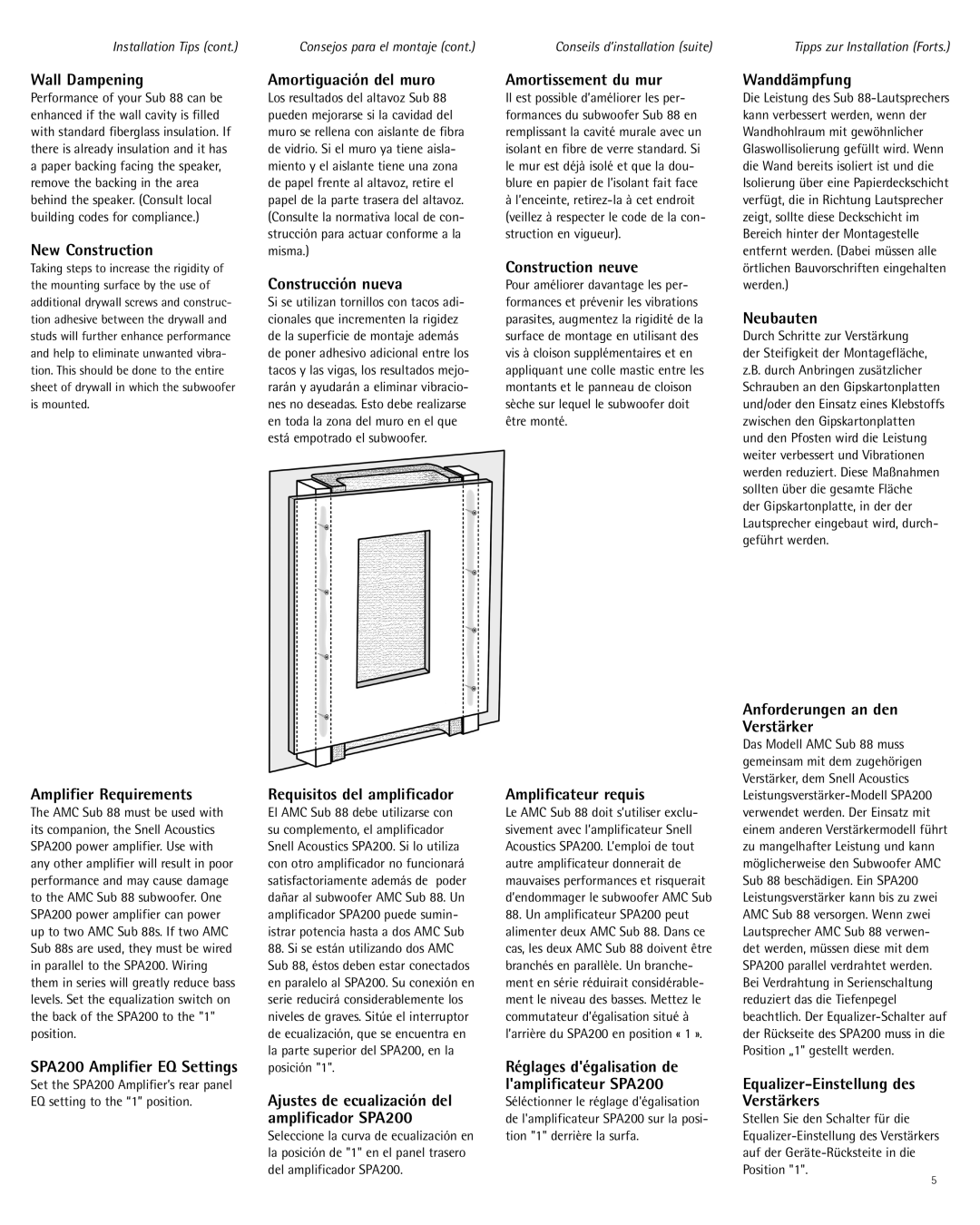 Snell Acoustics AMC Sub 88 Wall Dampening, New Construction, Amplifier Requirements, Amortiguación del muro, Wanddämpfung 