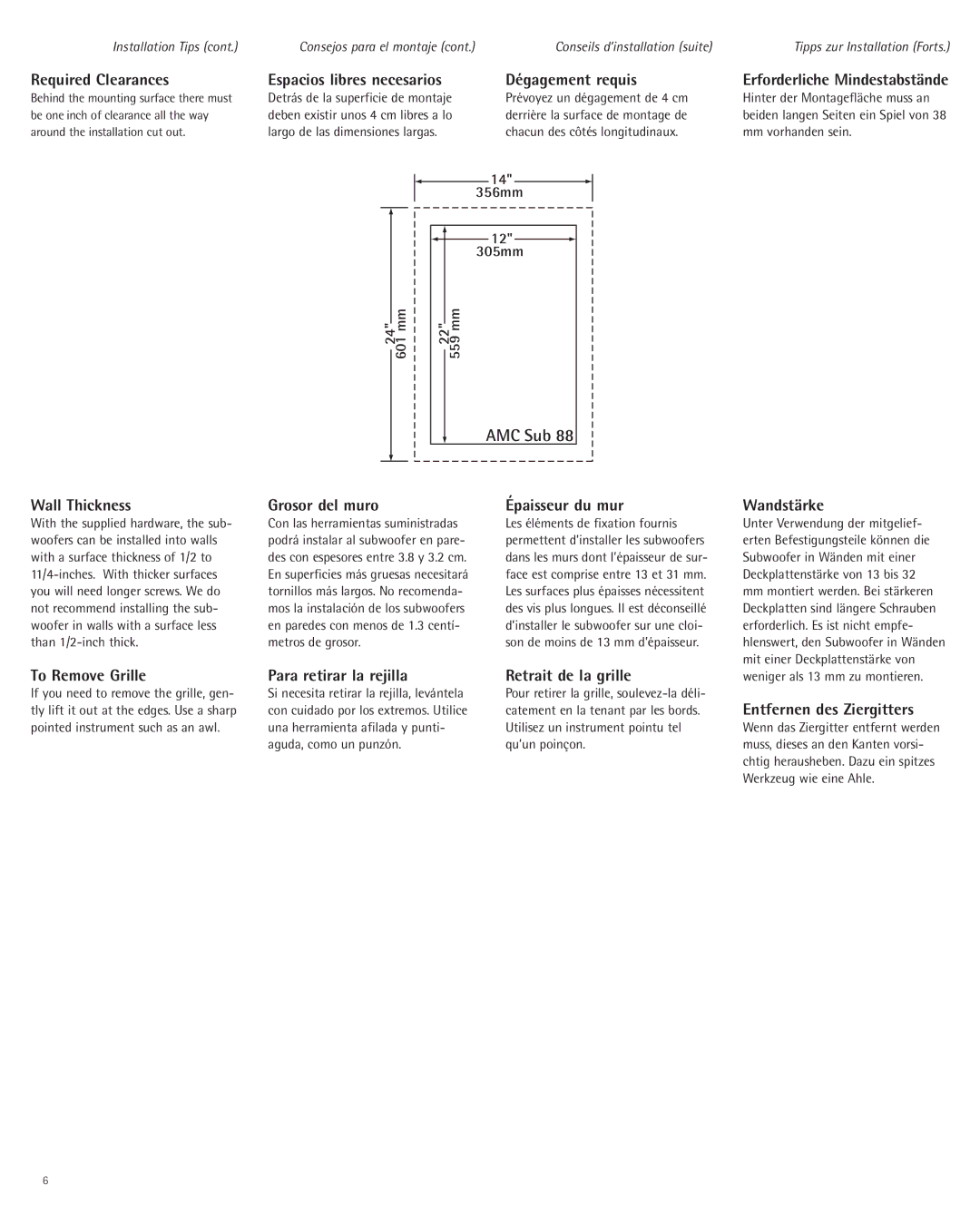 Snell Acoustics AMC Sub 88 Required Clearances, Espacios libres necesarios, Dégagement requis, Wall Thickness, Wandstärke 