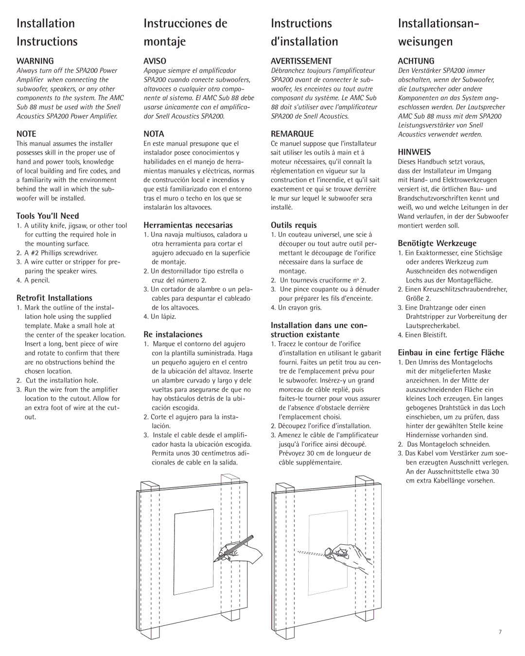 Snell Acoustics AMC Sub 88 owner manual Installation Instructions, Instrucciones de montaje, Remarque, Hinweis 