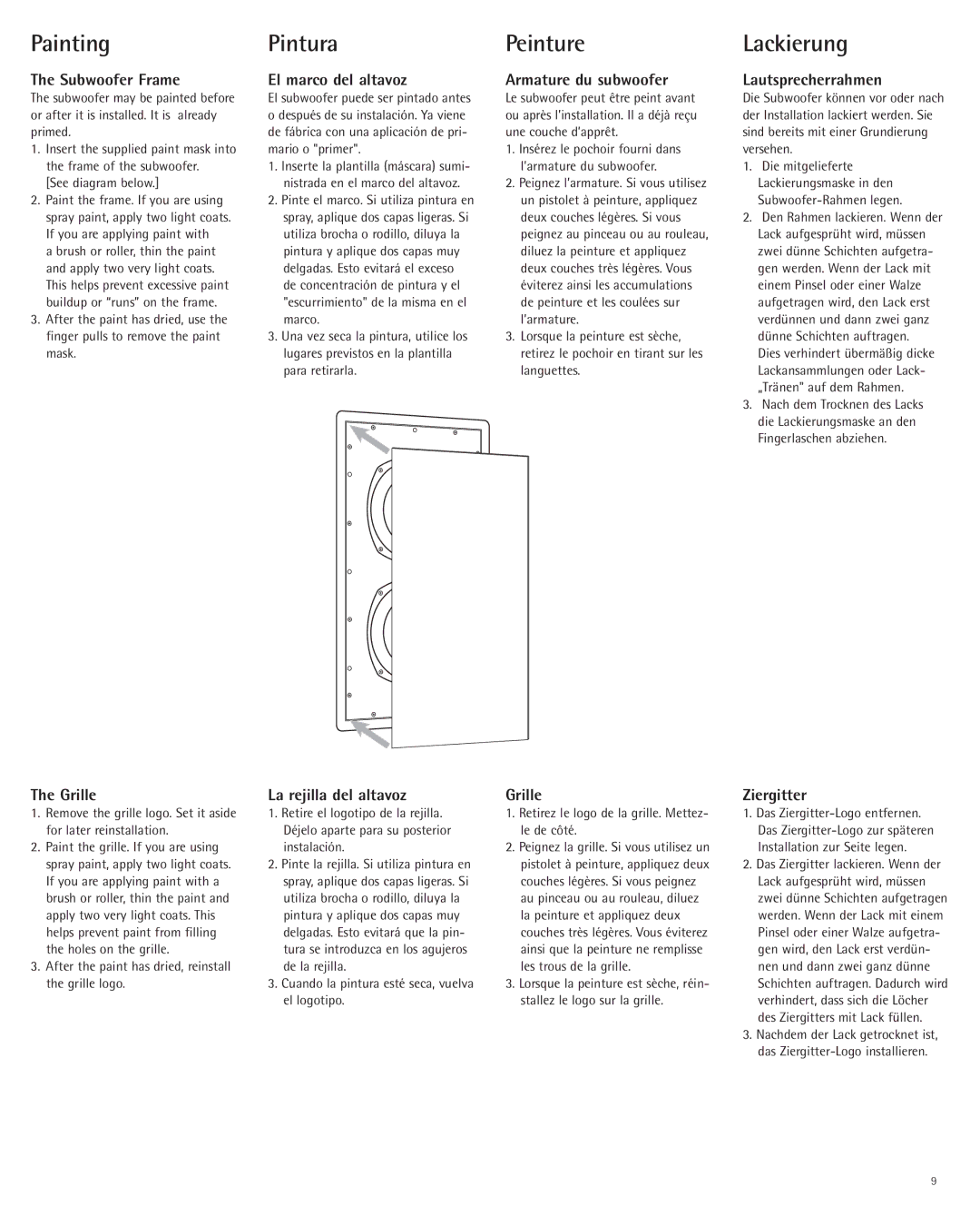 Snell Acoustics AMC Sub 88 owner manual Painting, Pintura, Peinture, Lackierung 