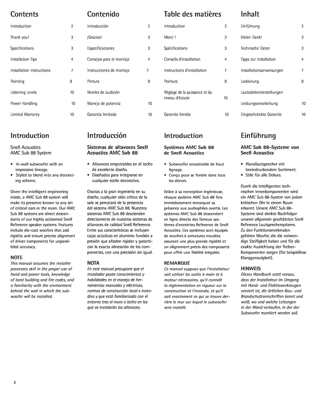 Snell Acoustics AMC Sub 88 Contents, Contenido, Inhalt, Introducción, Introduction, Einführung, Table des matières 