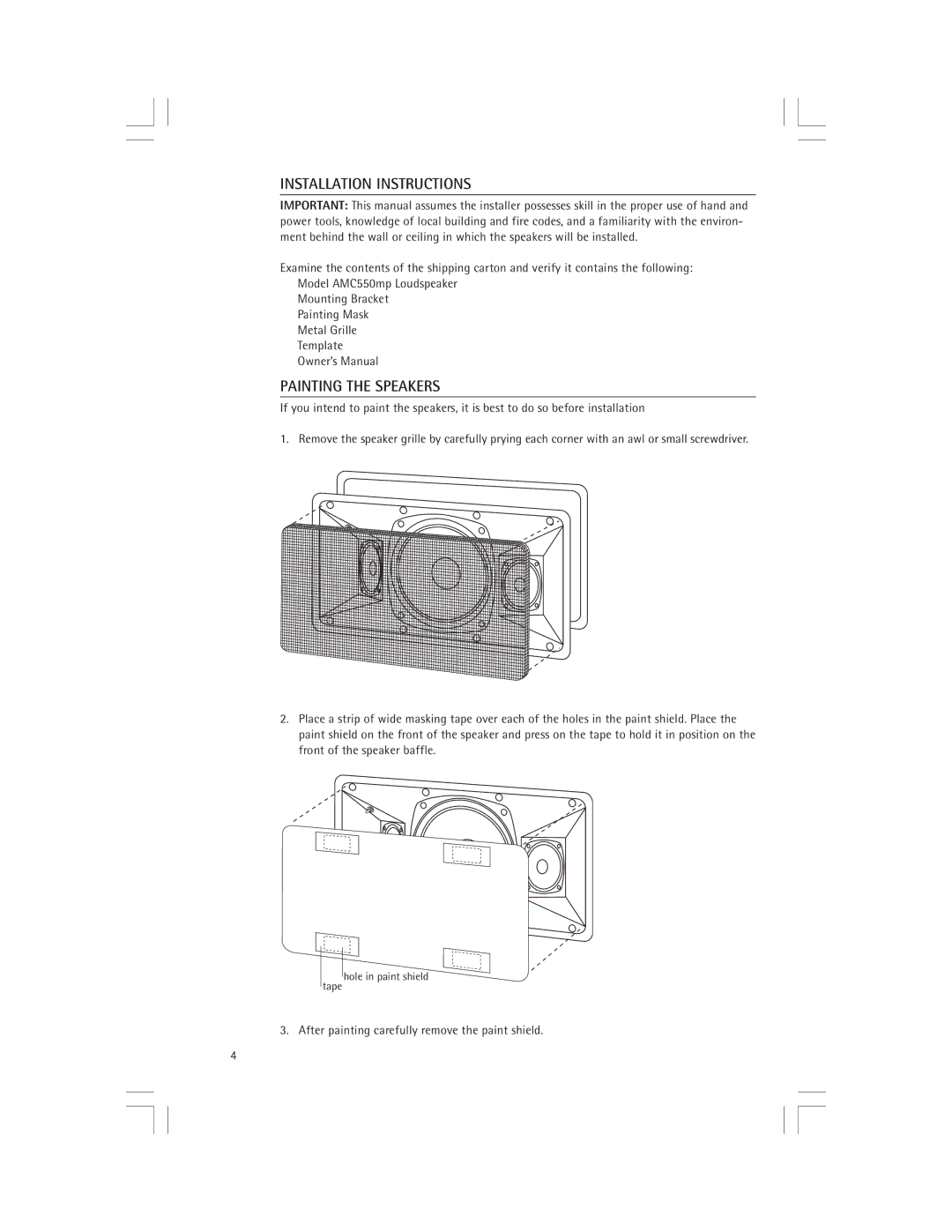 Snell Acoustics AMC550mp owner manual Installation Instructions, Painting the Speakers 