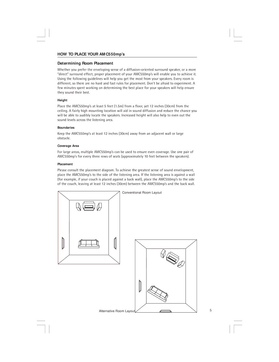 Snell Acoustics owner manual HOW to Place Your AMC550mp’s Determining Room Placement, Height, Boundaries, Coverage Area 