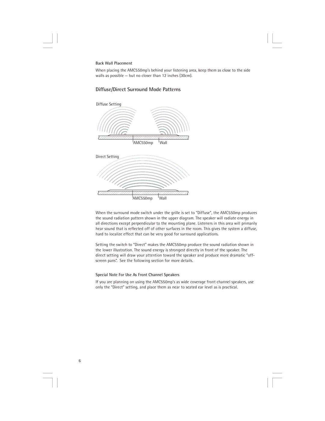 Snell Acoustics AMC550mp owner manual Diffuse/Direct Surround Mode Patterns, Back Wall Placement 