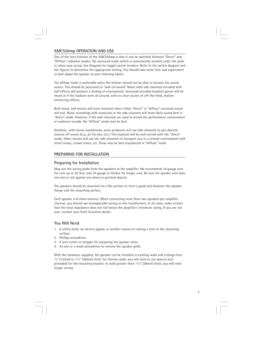 Snell Acoustics owner manual AMC550mp Operation and USE, Preparing for Installation, You Will Need 