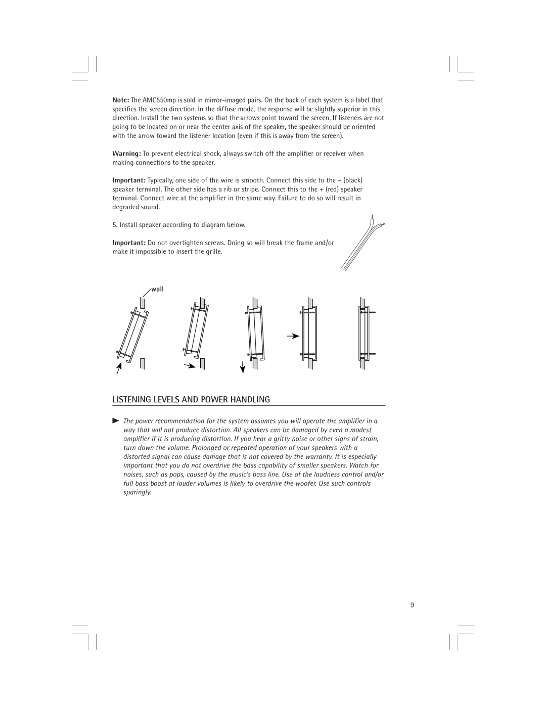 Snell Acoustics AMC550mp owner manual Listening Levels and Power Handling, Wall 