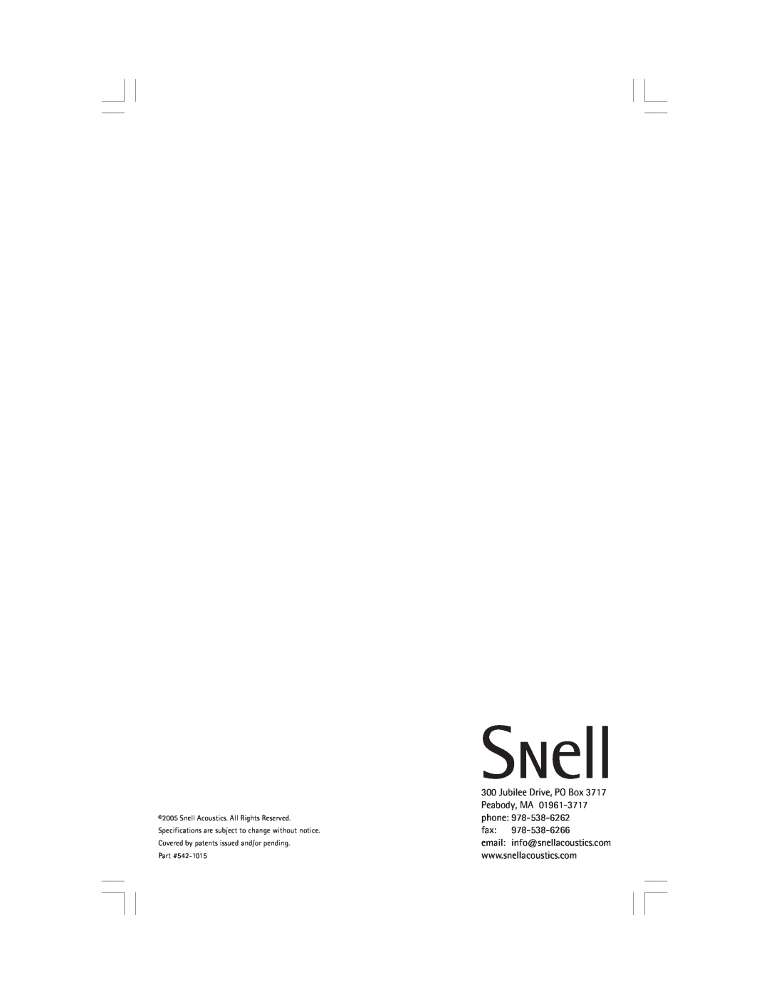 Snell Acoustics AMC550mp owner manual fax, 542-1015 