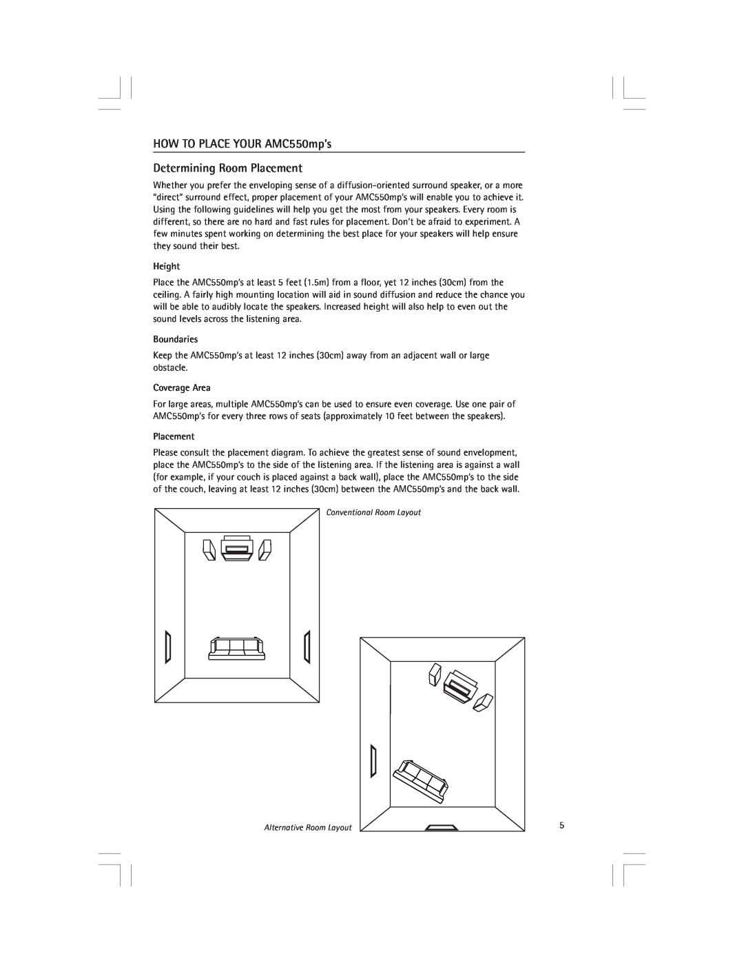 Snell Acoustics owner manual HOW TO PLACE YOUR AMC550mp’s, Determining Room Placement, Height, Boundaries, Coverage Area 