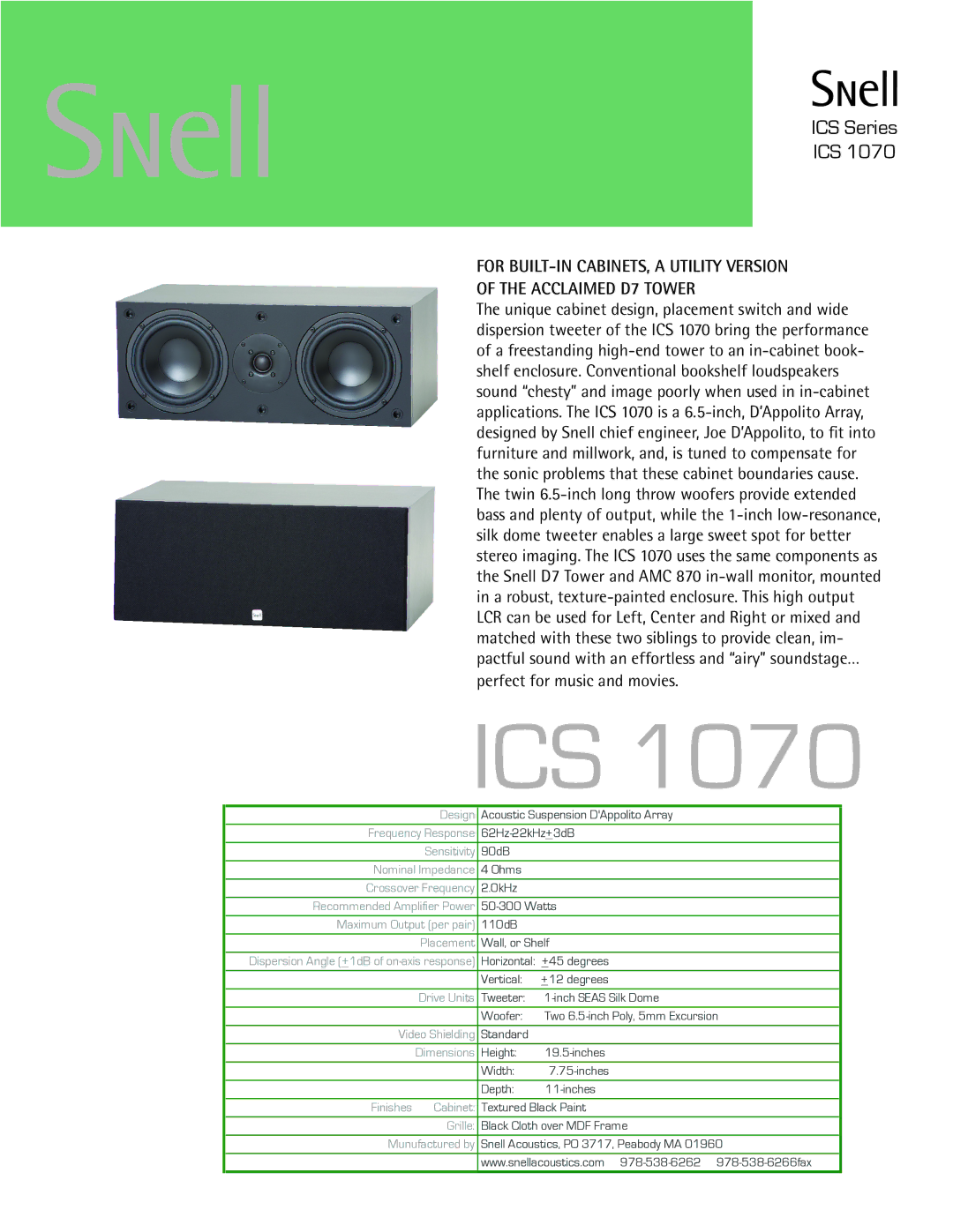 Snell Acoustics ICS 1070 dimensions Ics, ICS Series, For BUILT-IN CABINETS, a Utility Version Acclaimed D7 Tower 