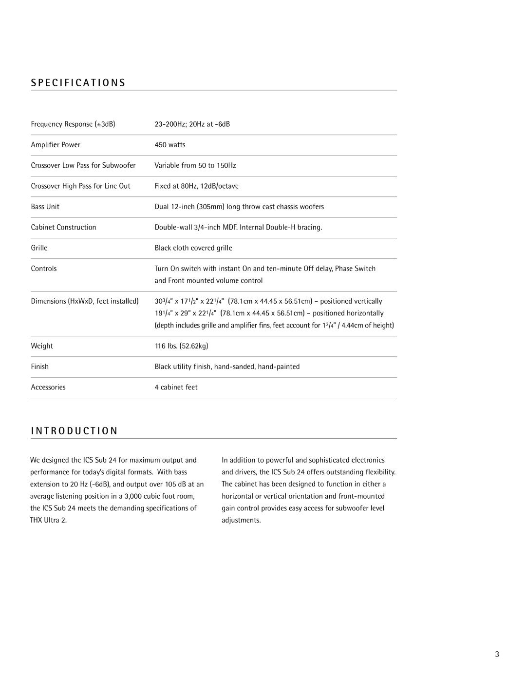 Snell Acoustics ICS Sub 24 owner manual Specification S, T R O D U C T I O N 