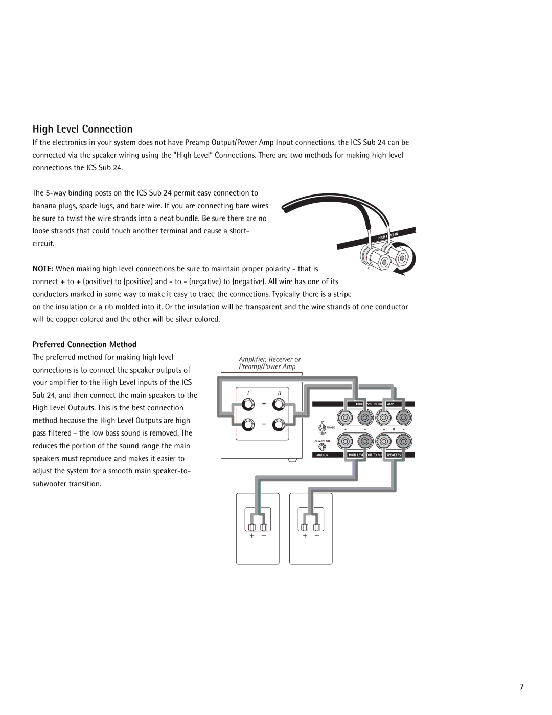 Snell Acoustics ICS Sub 24 owner manual High Level Connection, Preferred Connection Method 