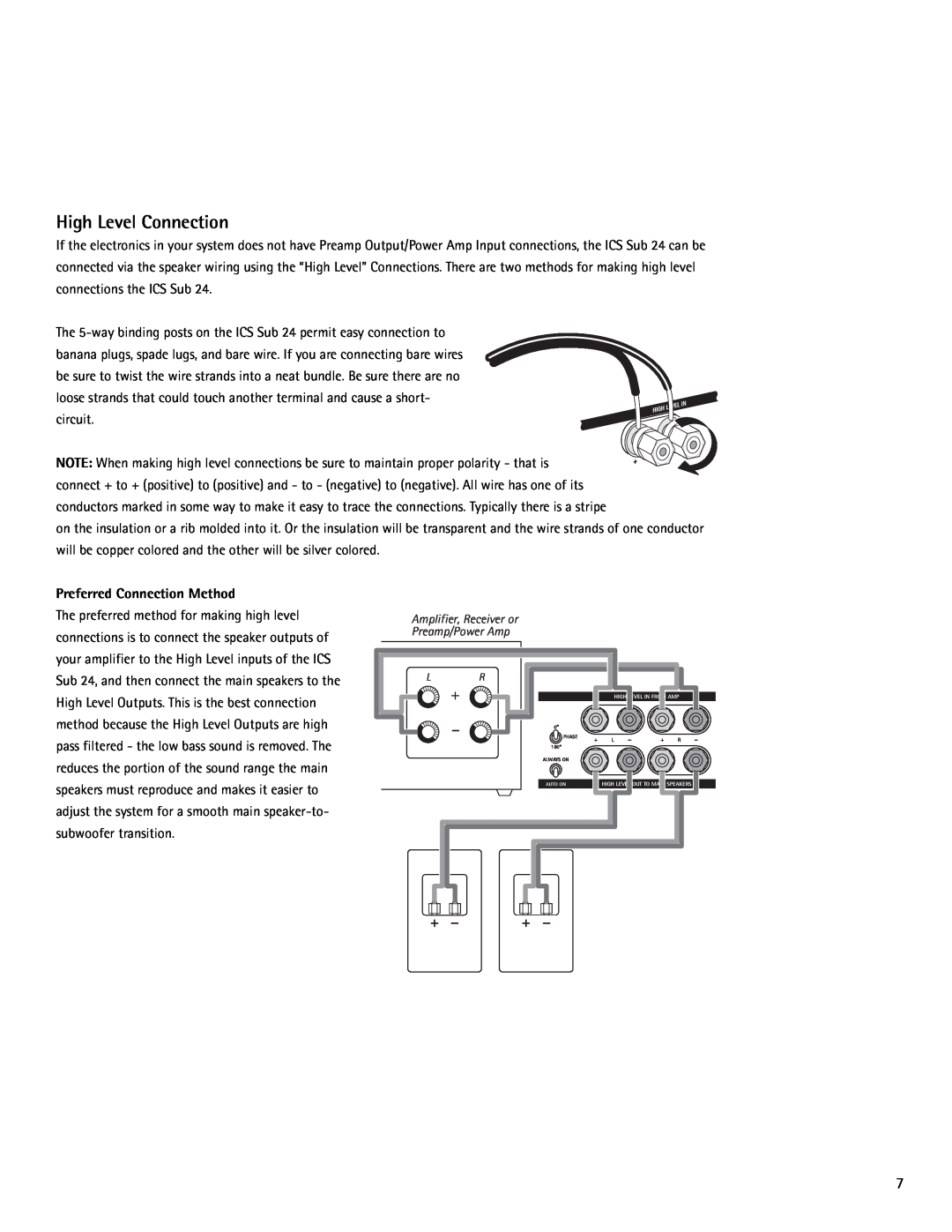 Snell Acoustics ICS Sub 24 owner manual High Level Connection 