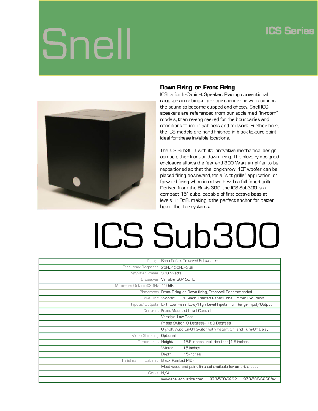 Snell Acoustics ICS Sub300 dimensions Snell, ICS Series, Down Firing..or..Front Firing 