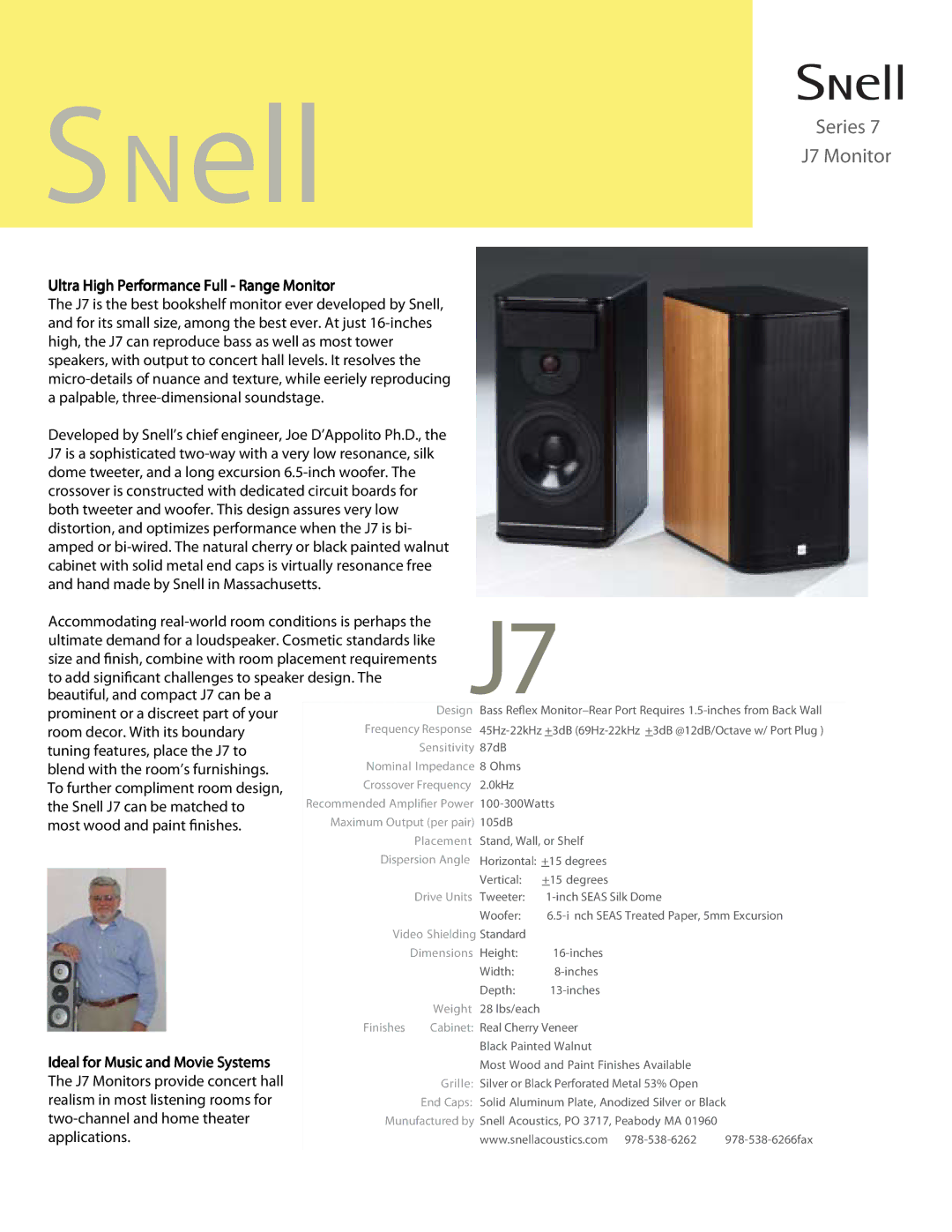 Snell Acoustics Series 7 dimensions SNell, Series J7 Monitor, Ultra High Performance Full Range Monitor 